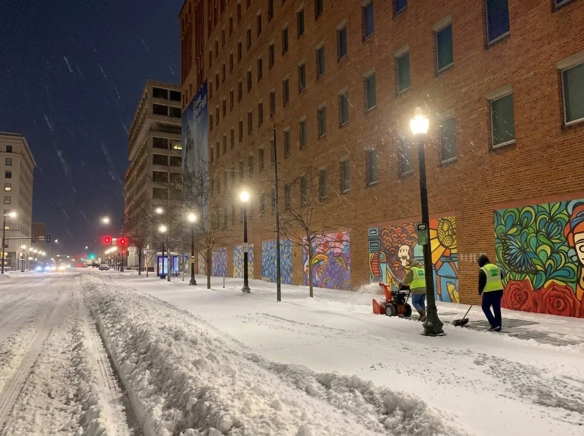 Street scene at night during a snowstorm with people clearing the sidewalk. Colorful murals are painted on the brick wall of a building. Streetlights illuminate the snow-covered street and sidewalk.