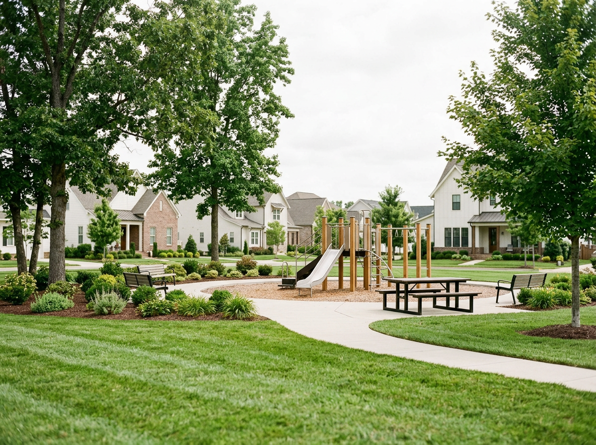 A residential park with a playground, benches, and well-maintained landscaping. There are trees, grass, gardens, and houses in the background.