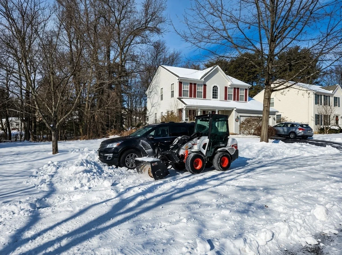 Snow-covered residential driveway with a black car, a white snow removal machine, and multiple houses in the background under a clear blue sky.