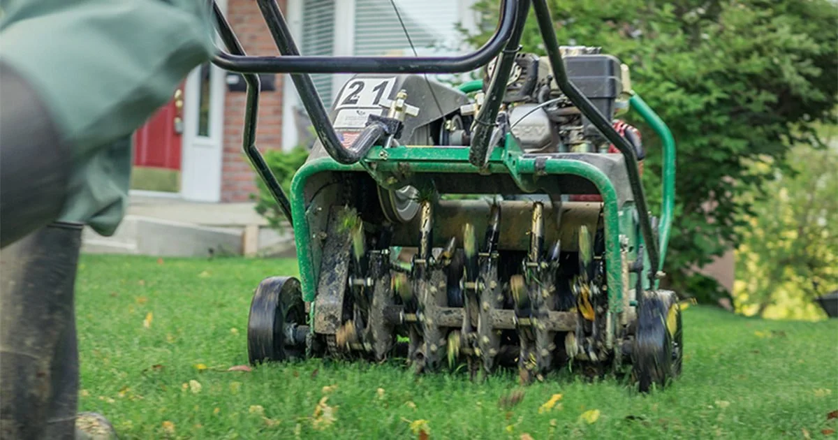 A lawn aerator machine in use on a grassy yard.