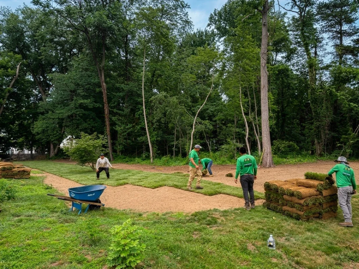 Workers laying sod on a landscaped yard with trees in the background, using sand and stacked rolled sod.