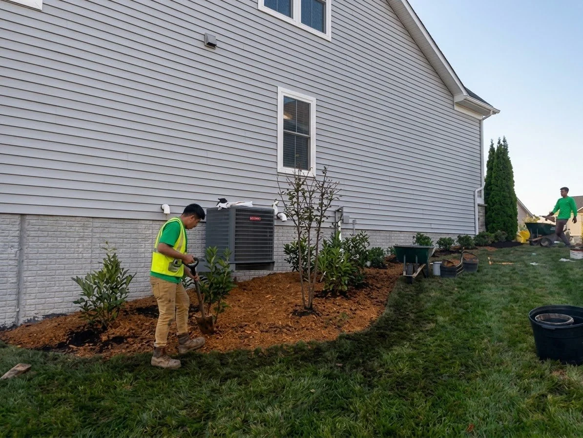 Two people planting shrubs and trees in a residential backyard gardening project, with gardening tools, soil, and garden supplies visible.