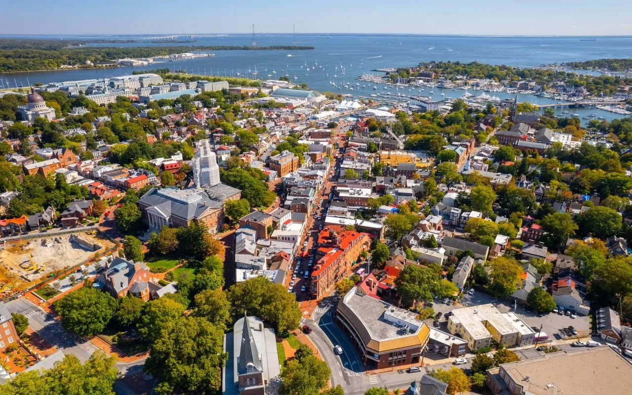 Aerial view of a town with a harbor, boats, and water in the background, including various buildings, trees, and streets.
