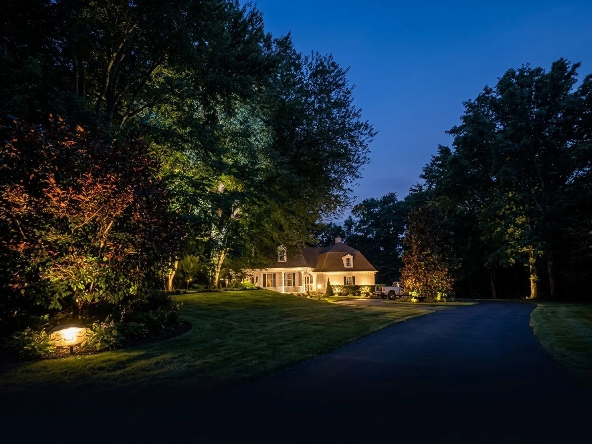 A house illuminated at night with a curved driveway, surrounded by trees and bushes with outdoor lighting.