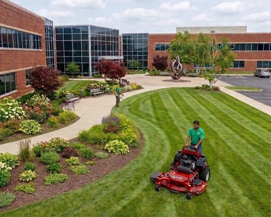 A person mowing the lawn with a reel mower in a landscaped area outside a modern office building, with flower beds, trees, benches, and a parking lot in the background.
