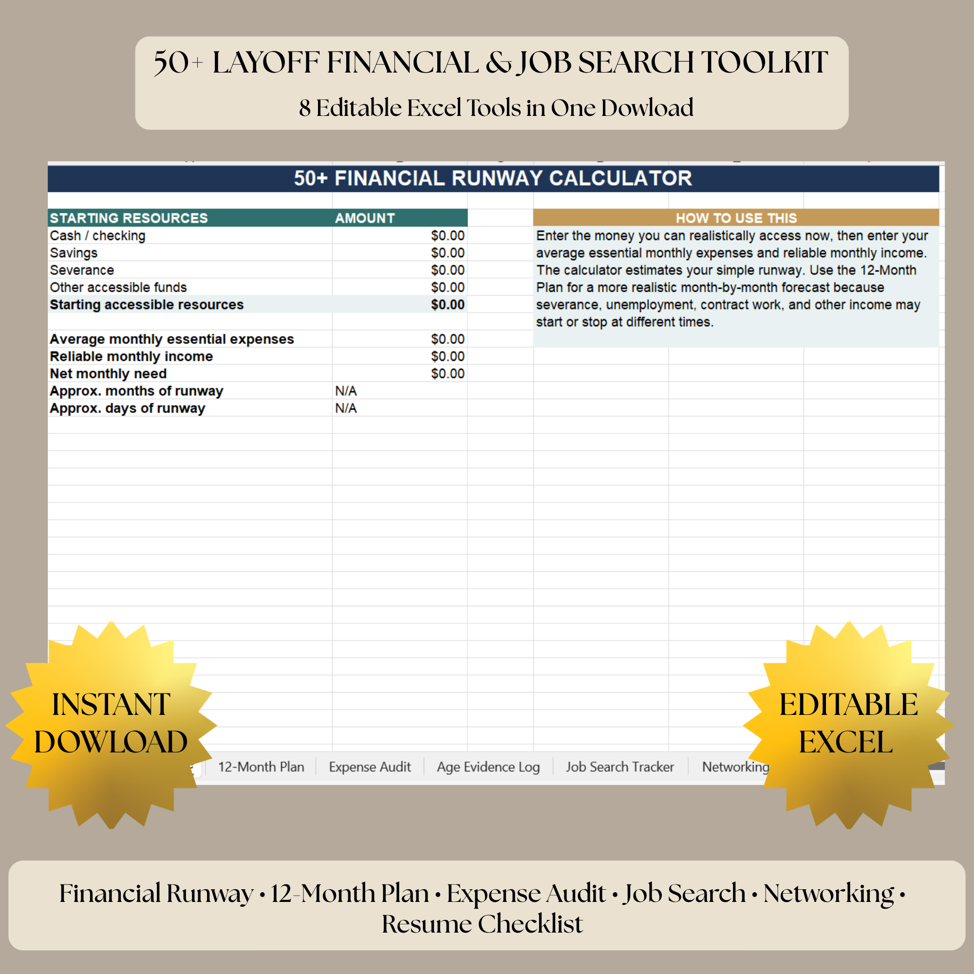 50+ Layoff Recovery Toolkit: 8 Editable Excel Tools