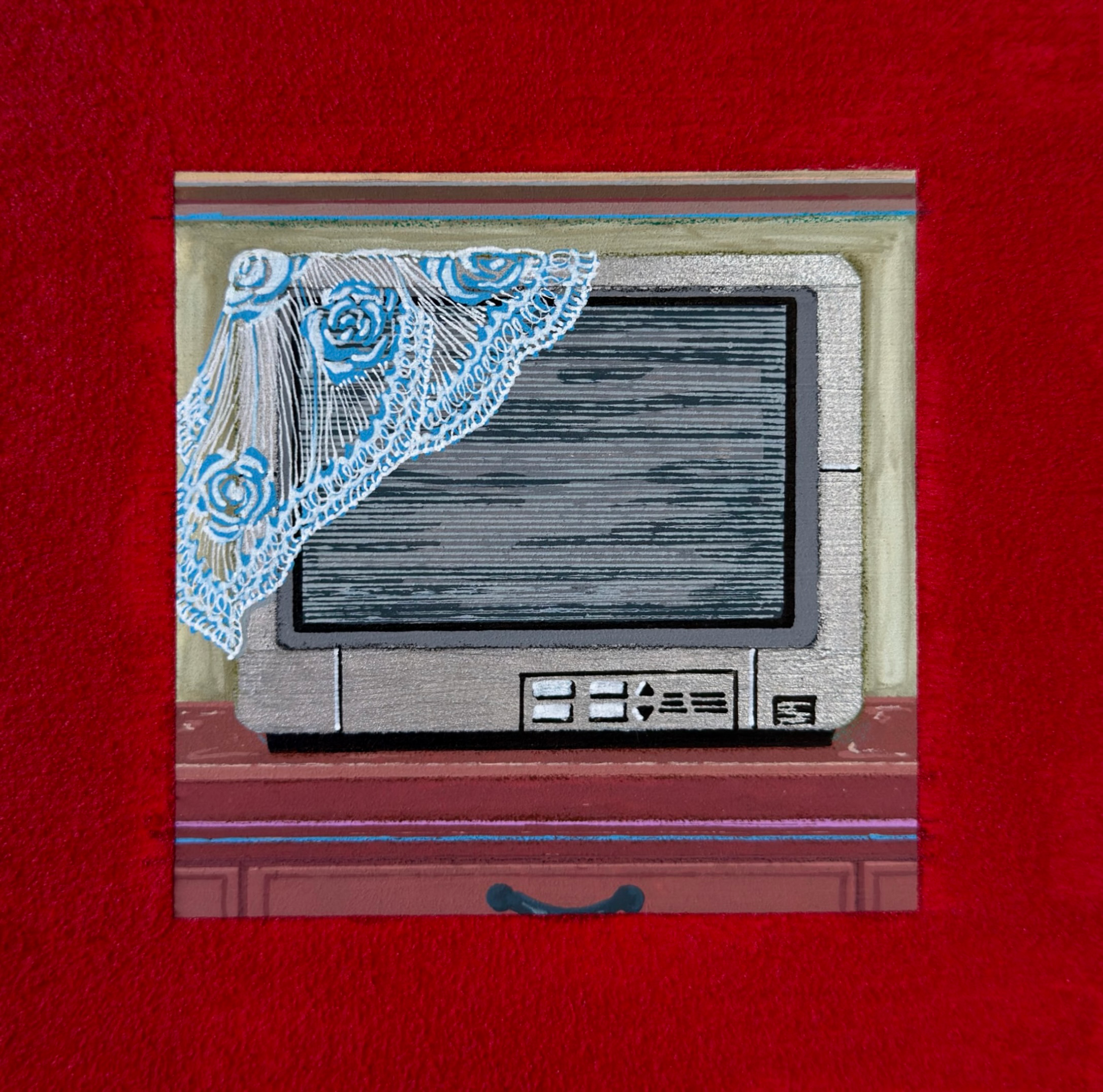 A piece of artwork resembling a vending machine with a robotic arm, set against a red background.