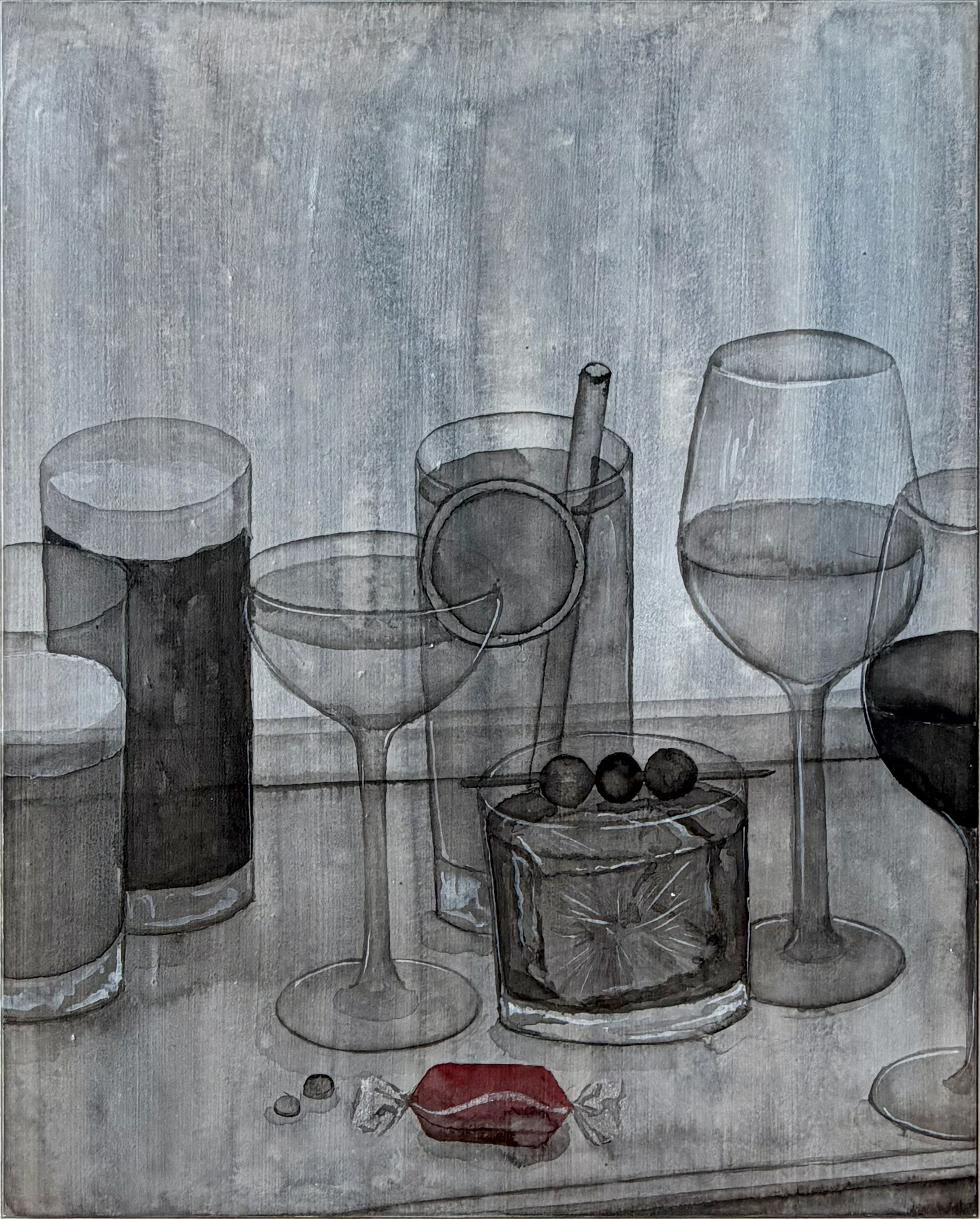 A monochrome painting of several glasses, a bottle, and some olives on a reflective surface, with a woman's face with red lips painted in the center.