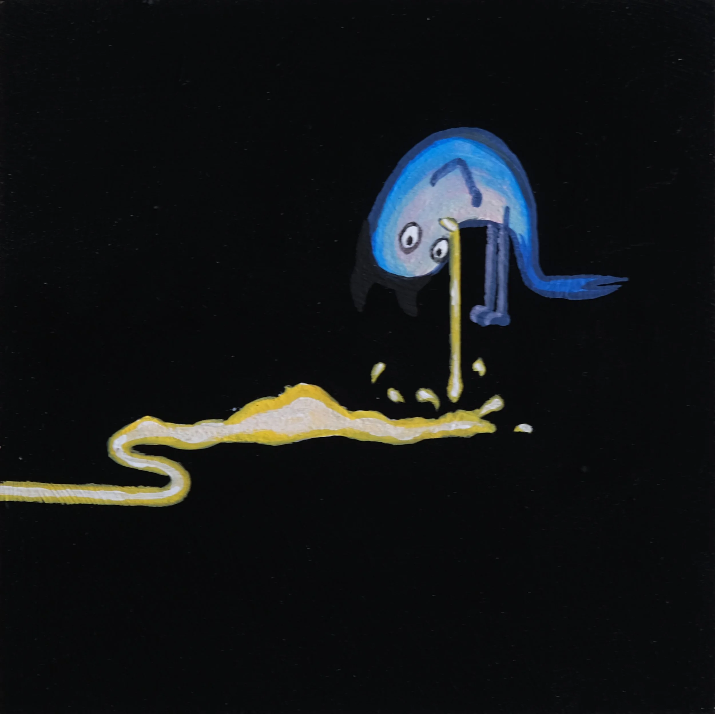 A hand-painted depiction of a smiling blue whale with a yellow spout, set against a black background.