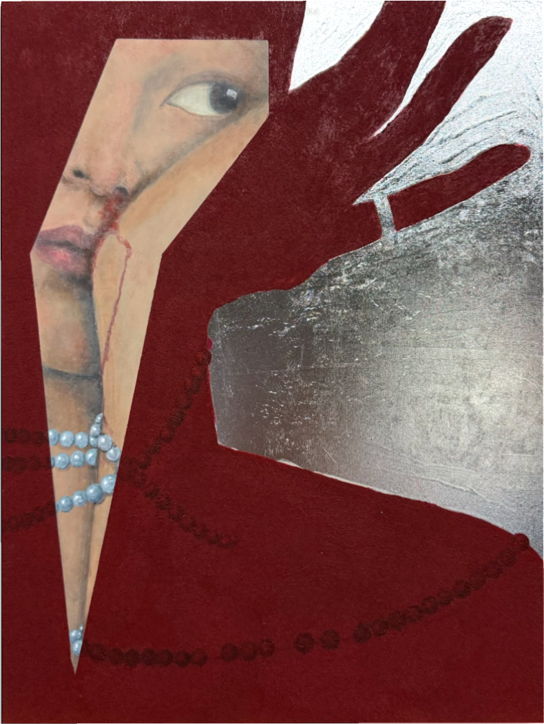 A mixed media artwork featuring a woman's face with an eye and lips, pearl necklace, and hand reaching towards a mirror, with textured red and silver background.