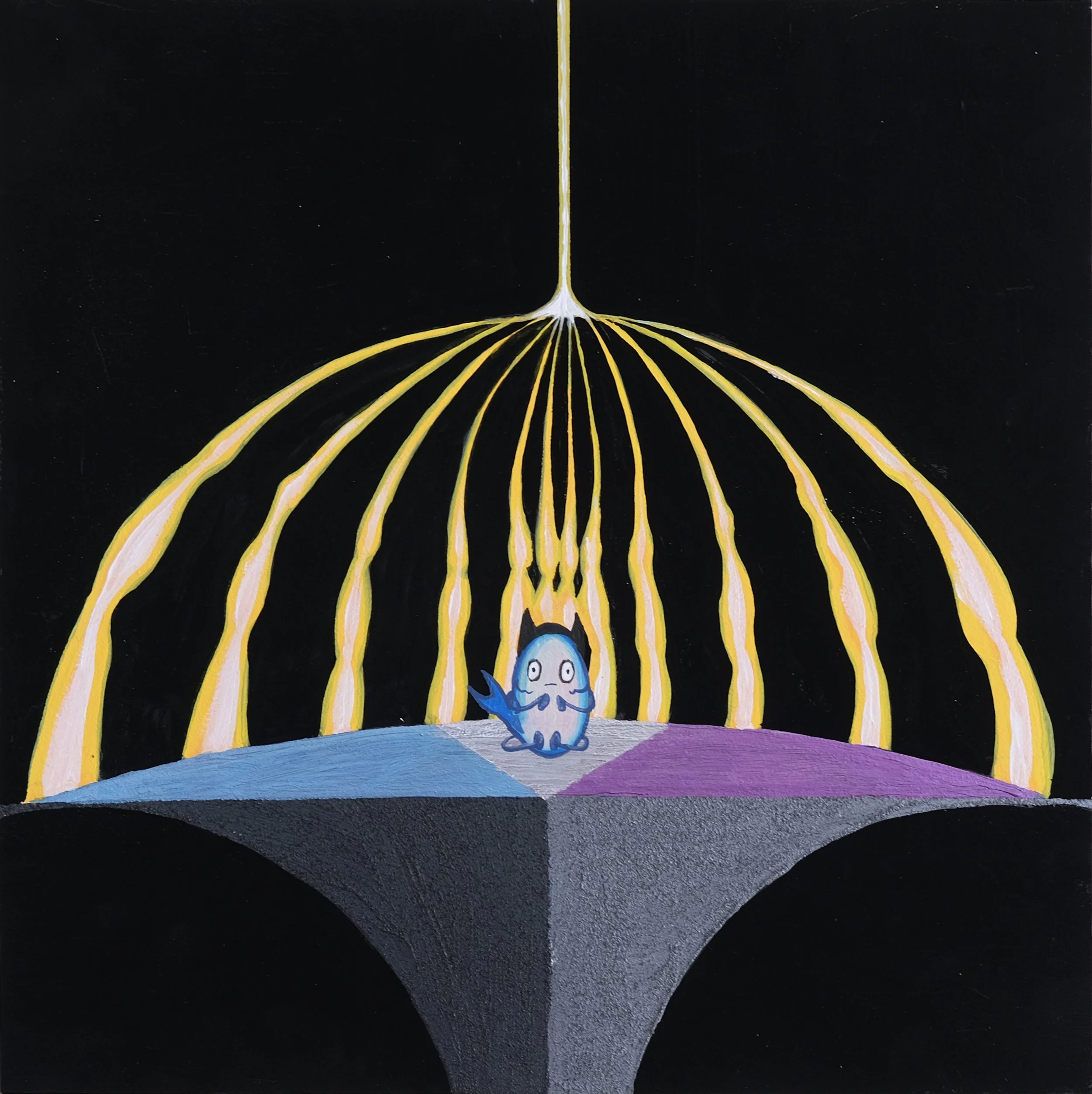 A blue cartoon-like creature with big eyes and a neutral expression stands on a gray platform. Behind it, a rainbow-colored landscape with curved, rainbow-colored lines extending from the creature to the sides. Yellow beams of light radiate outward from behind the creature to the horizon, set against a black background.
