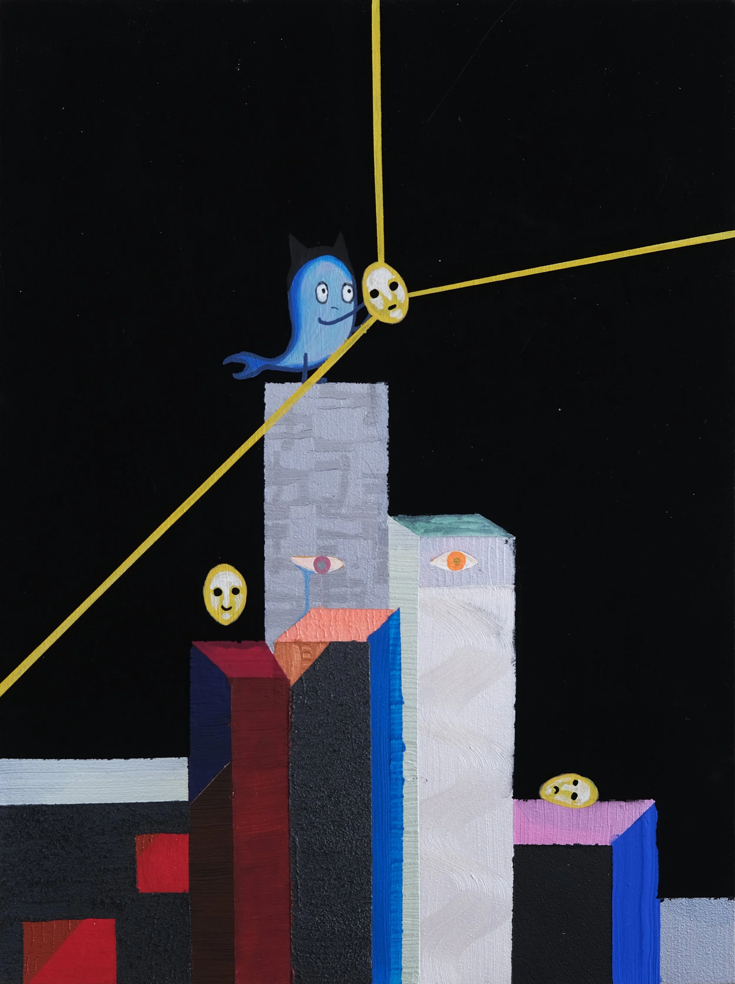 Abstract painting with various geometric shapes and patterns, including four yellow smiley faces with different expressions on a dark background, intersected by yellow lines.