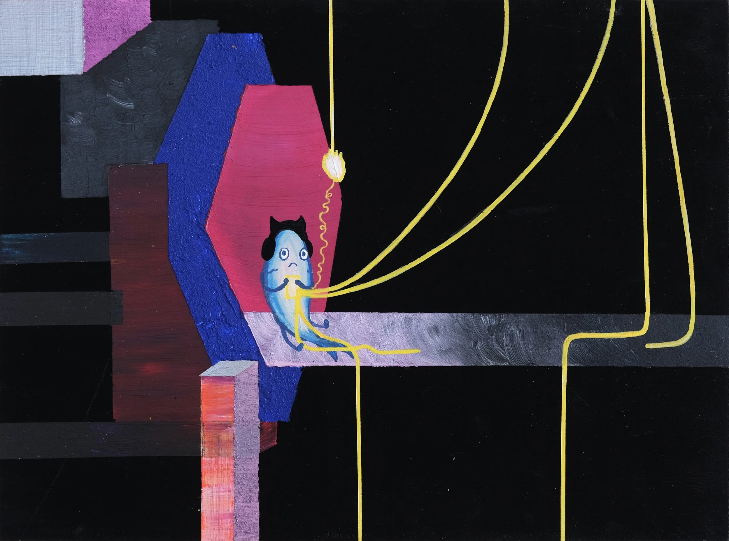 A colorful abstract painting showcasing a black background with geometric shapes in pink, blue, purple, and red. There is a stylized figure in the center with a heart on its chest, holding an object, with swirling yellow lines extending outward from 