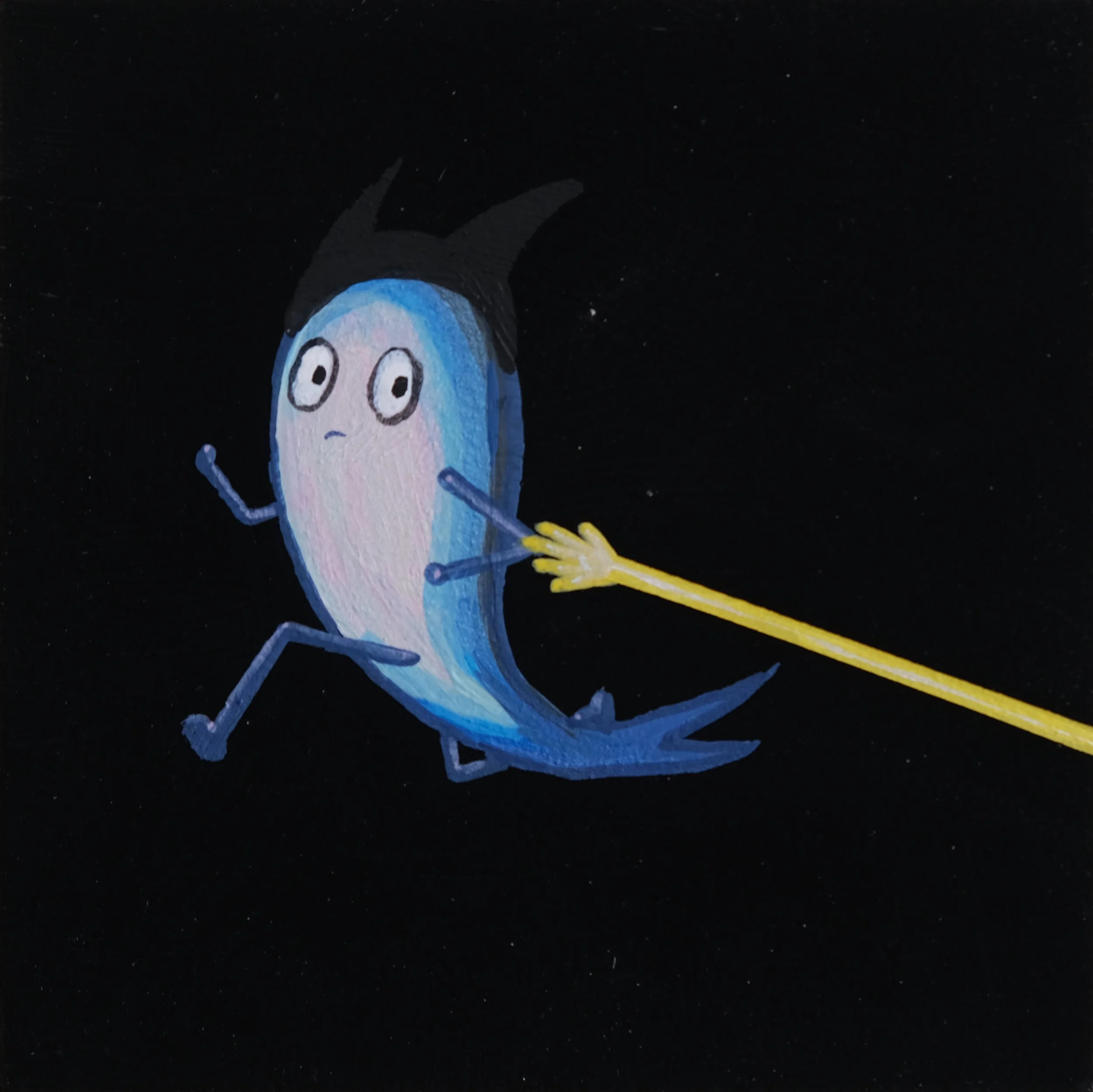 A cartoon caricature fish being pulled by a hand