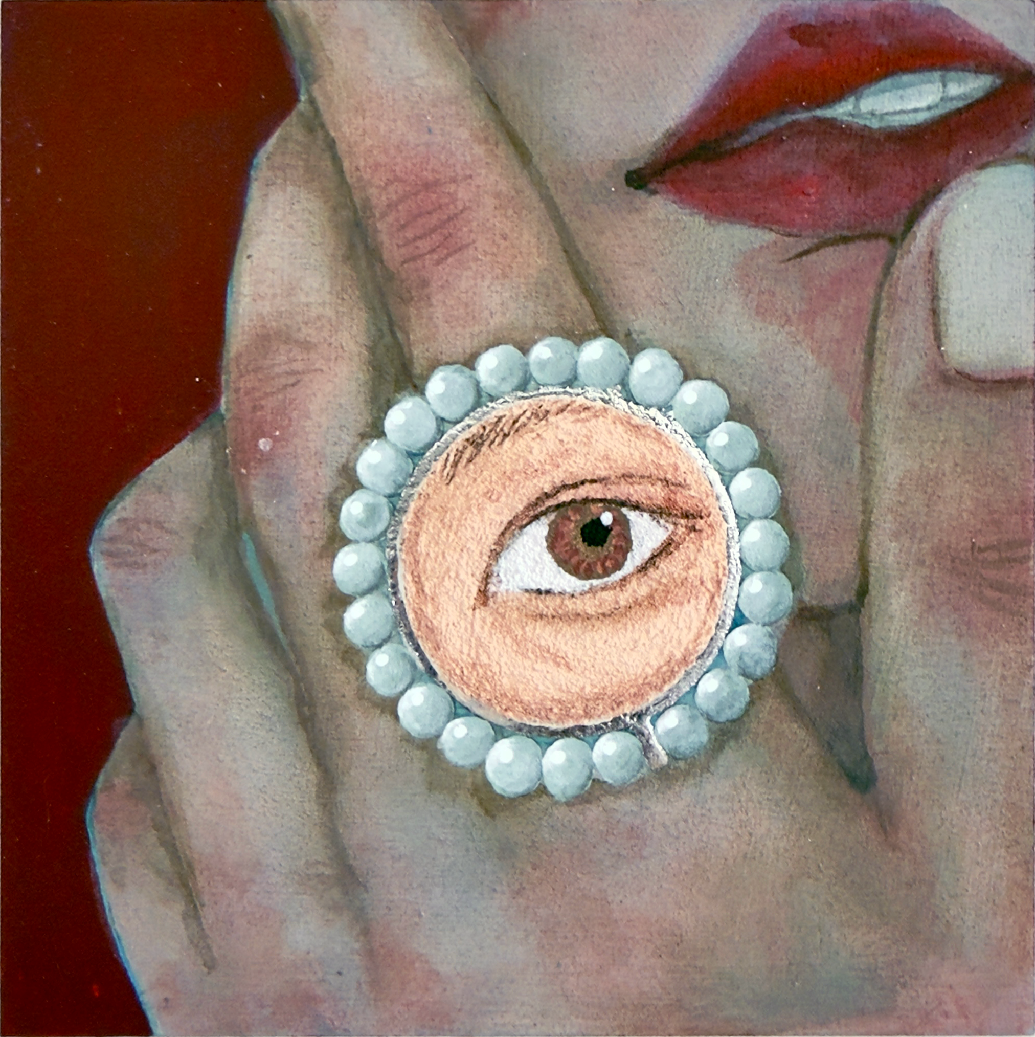 Close-up of a painted woman's face with red lips, one eye visible, and a pearl necklace.
