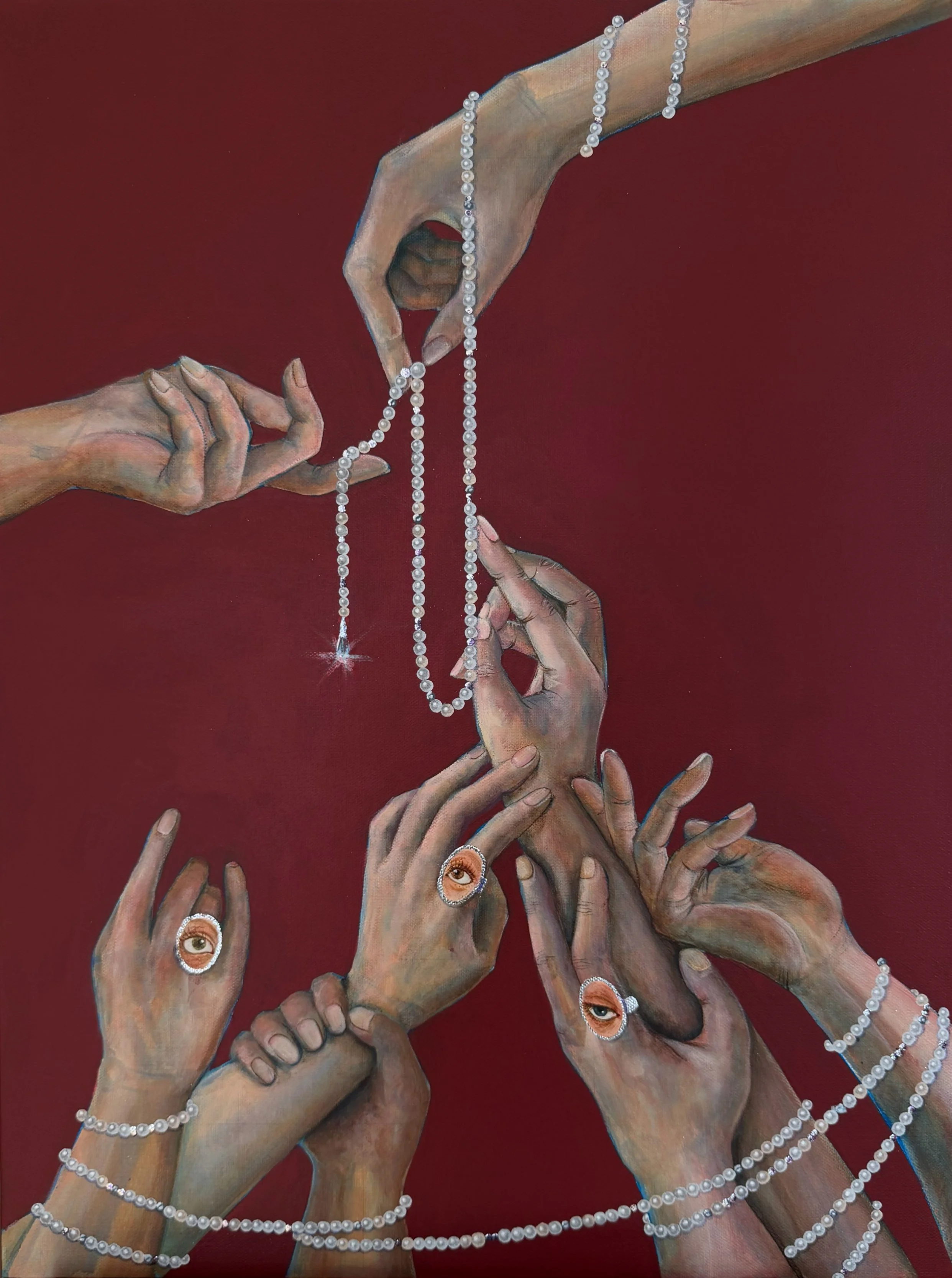 Multiple human hands adorned with pearl jewelry hold and reach towards pearl necklaces, which are decorated with eye images and sparkles, set against a deep red background.