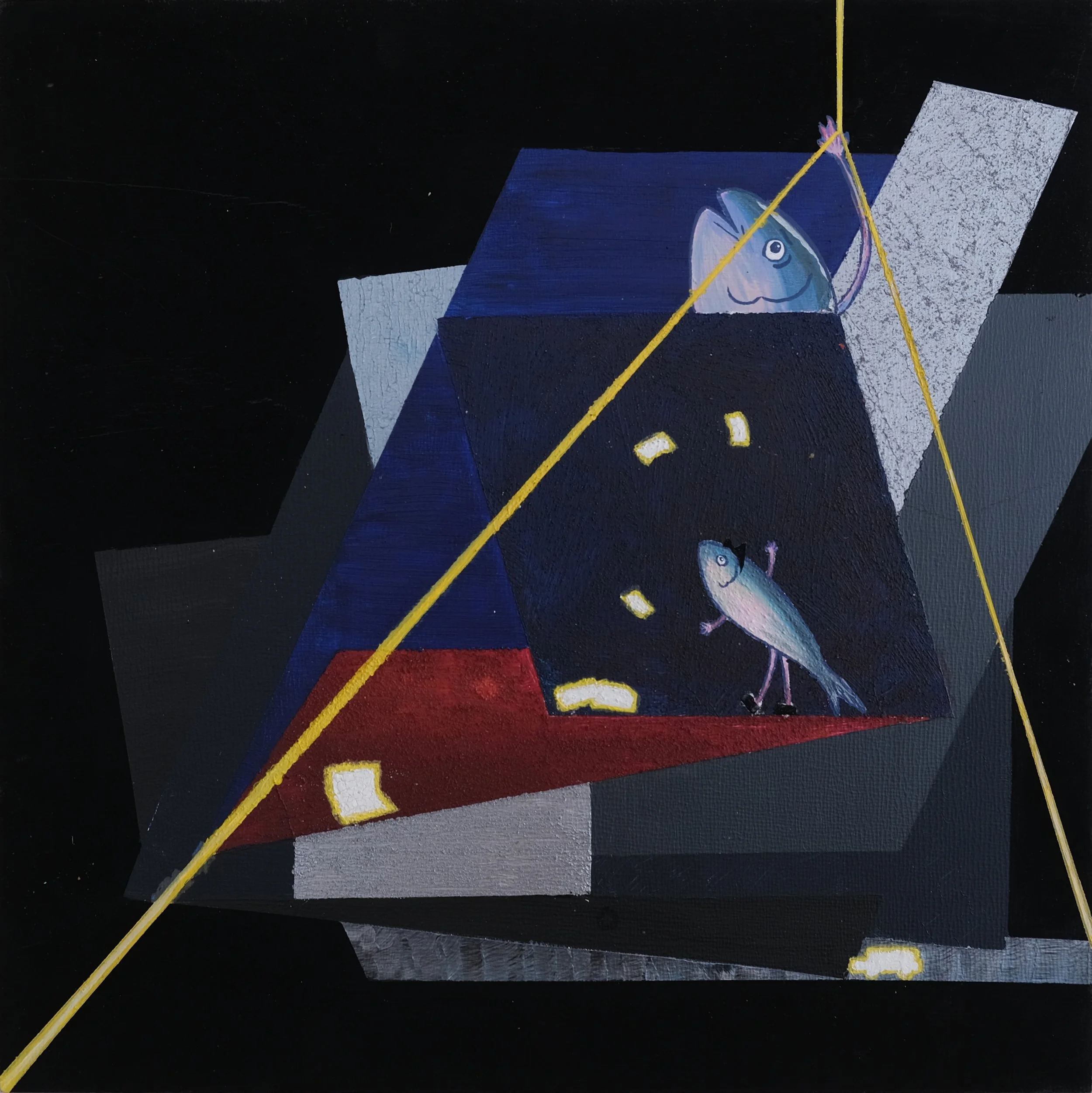 A close-up of a painted image featuring a blue shark with a happy face, surrounded by geometric shapes and a yellow line with white rectangular accents on a dark background.