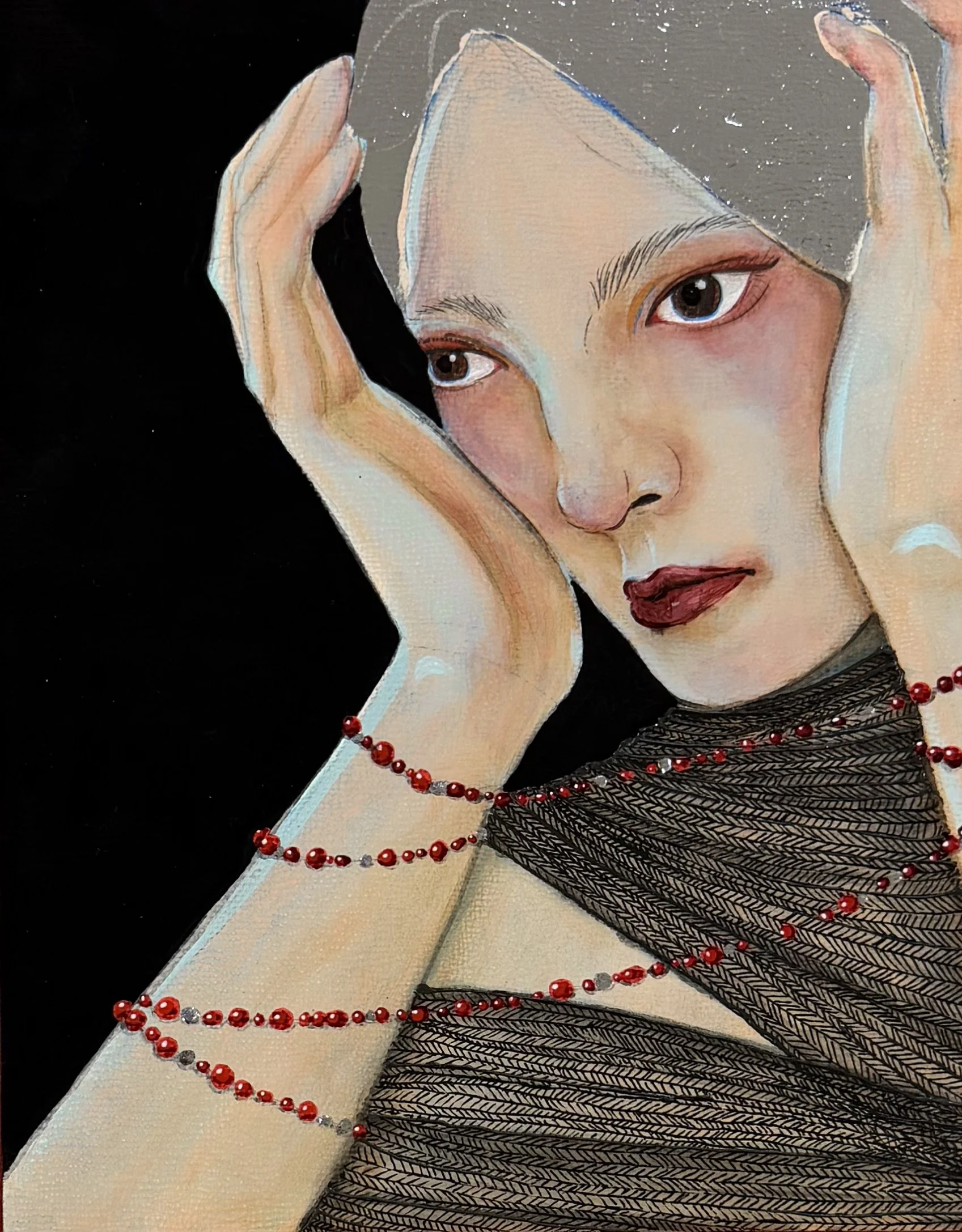 A realistic painting of a woman with fair skin, dark hair, and red lipstick, wearing a black laced dress and a string of red and silver beads, holding a mirror to her face with a black background.