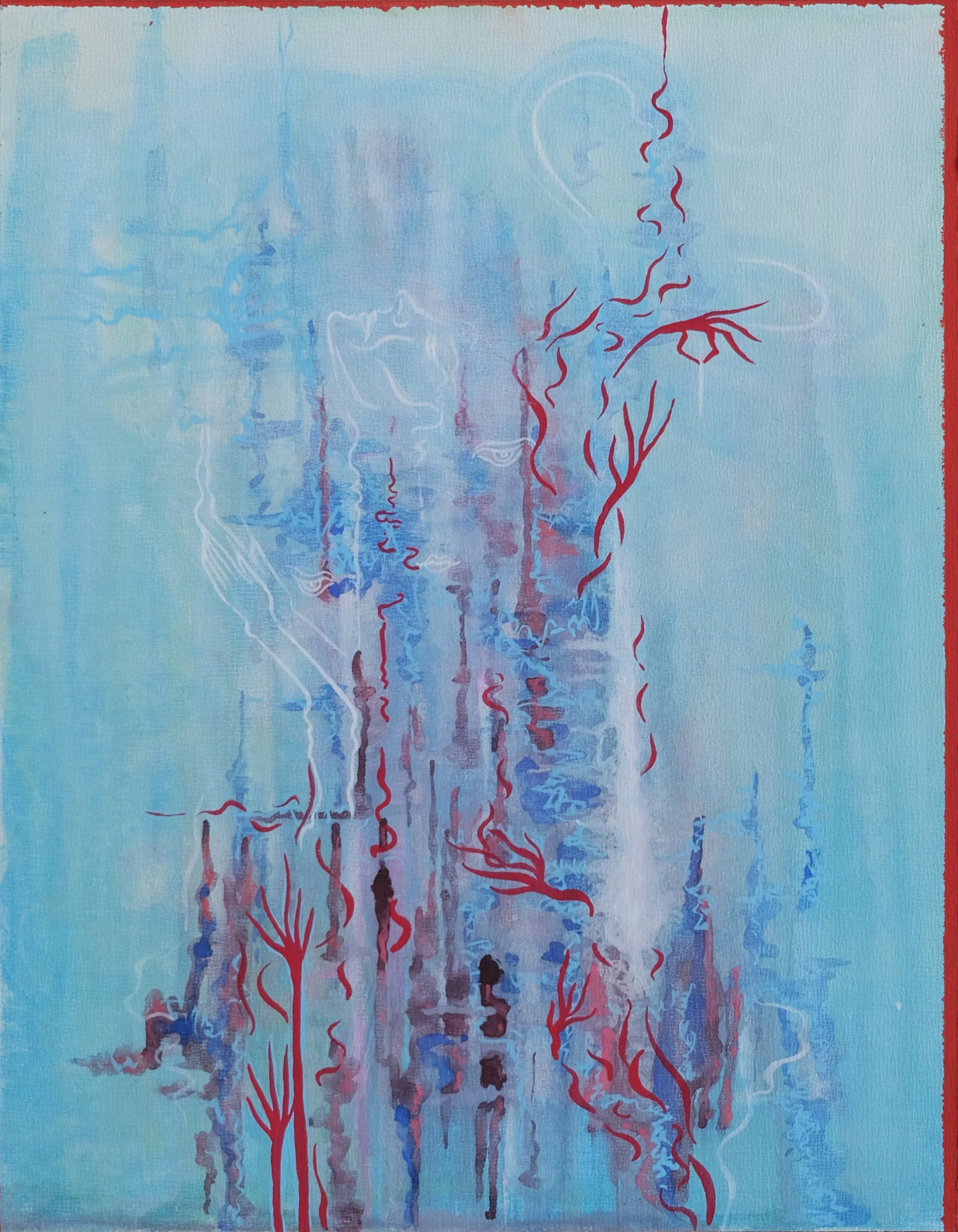 Abstract painting with red, blue, and white lines resembling a stylized tree or organic shapes on a blue-green background.