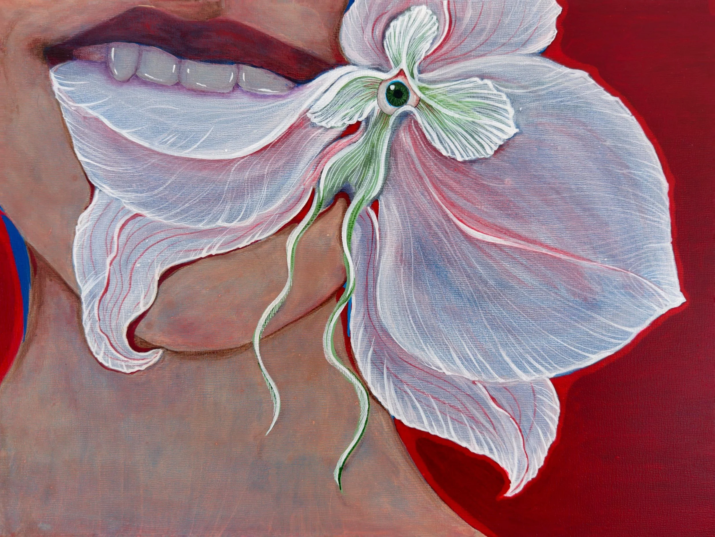Close-up of a painting featuring a large white flower with tulip-like petals and an eye at its center, set against a reddish background.