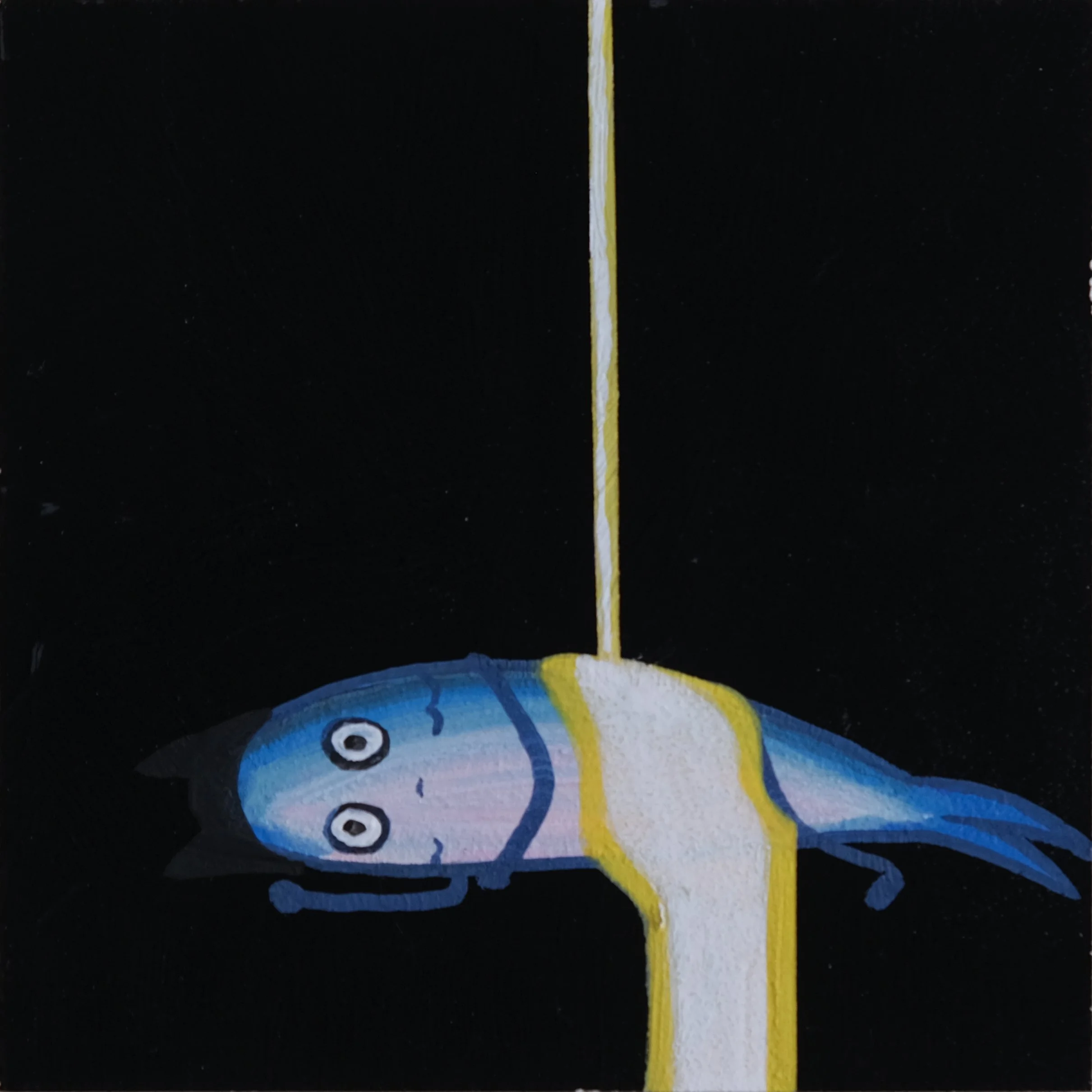 A hand-painted abstract artwork featuring a tall, yellow, vertical line in the center. At the bottom, there is a large blue and white shape resembling a stylized face or creature with black eyes, set against a black background with small white dots.