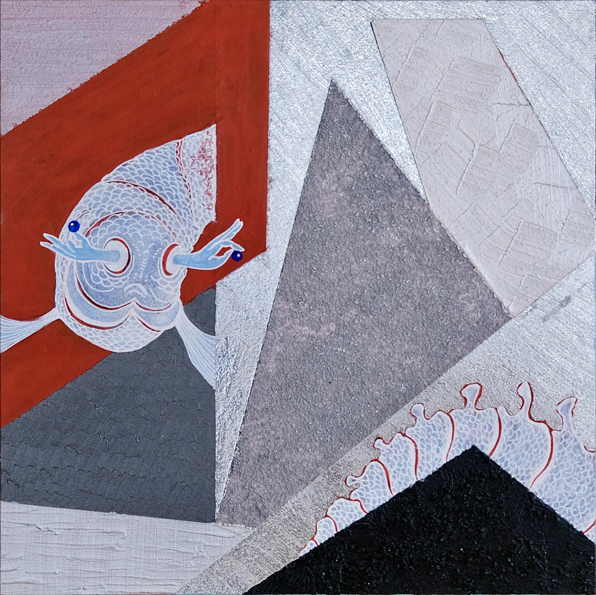 Close-up image of an abstract artwork featuring various geometric shapes and textured surfaces. The artwork displays a color palette of red, white, black, and different shades of gray, with intricate patterns and layered paint effects.
