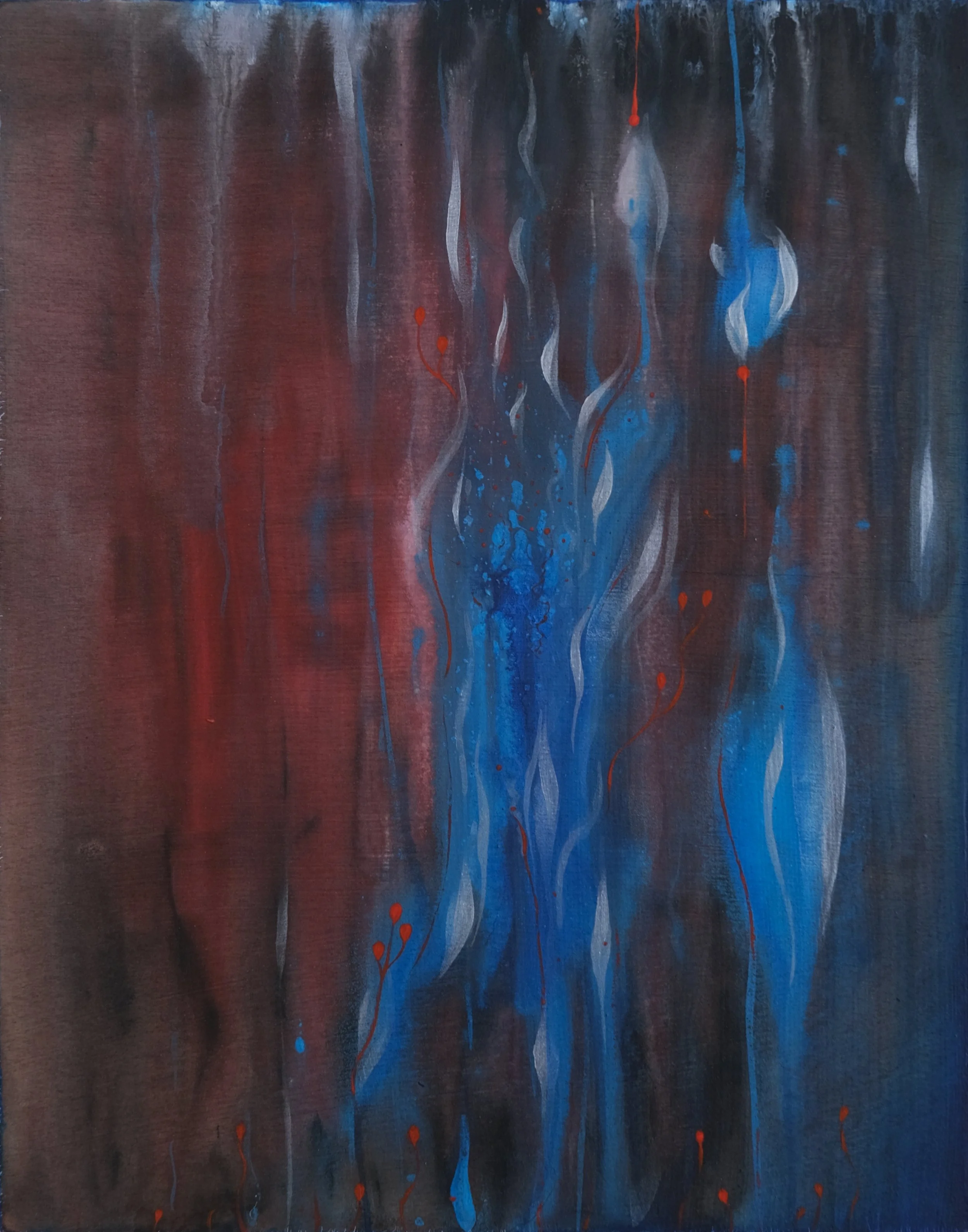 Abstract expressionist painting with dark background, featuring vertical streaks of blue, white, and red paint dripping downward.