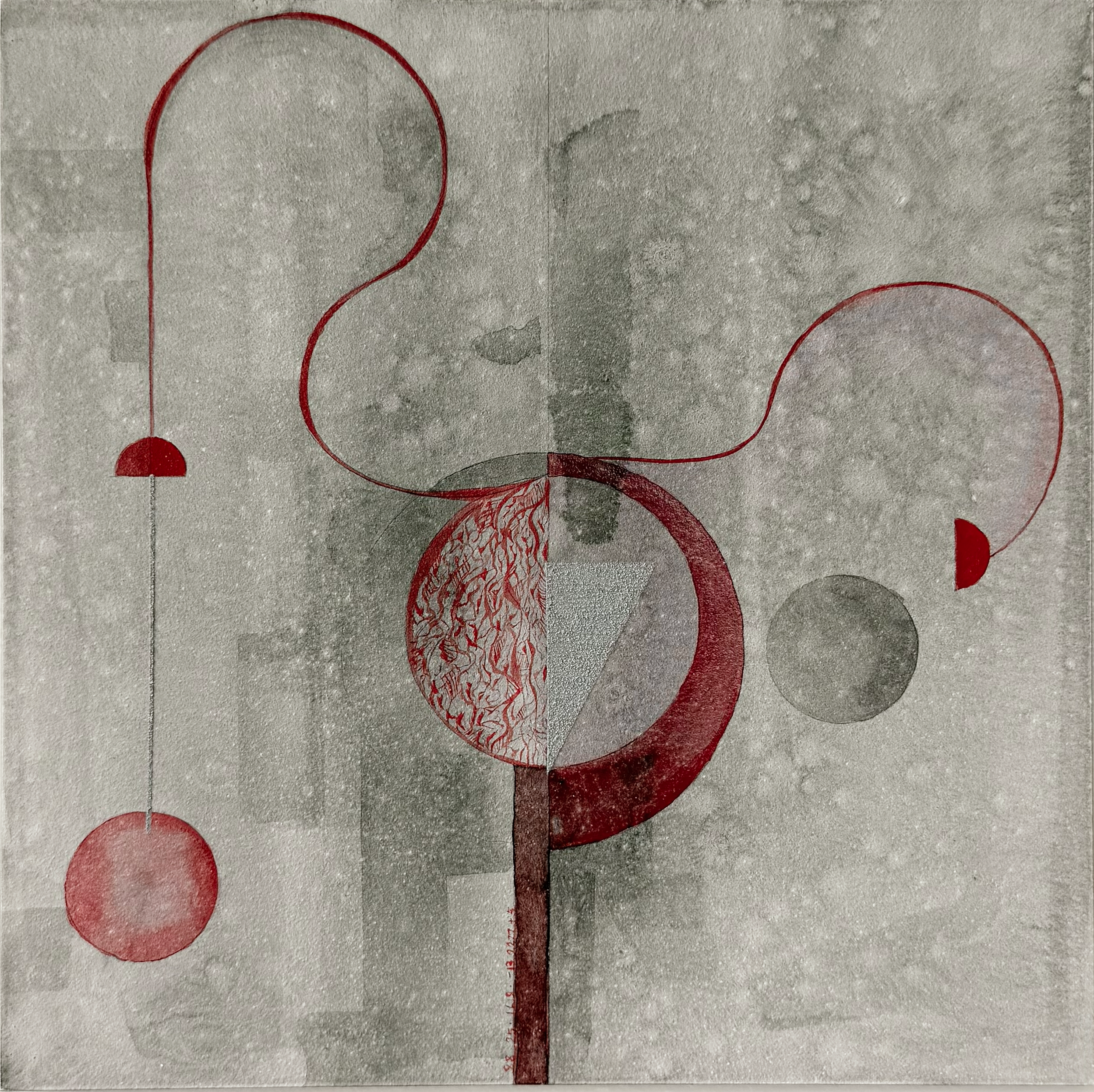 An abstract art piece depicting red circles connected by curved red lines on a textured gray background.