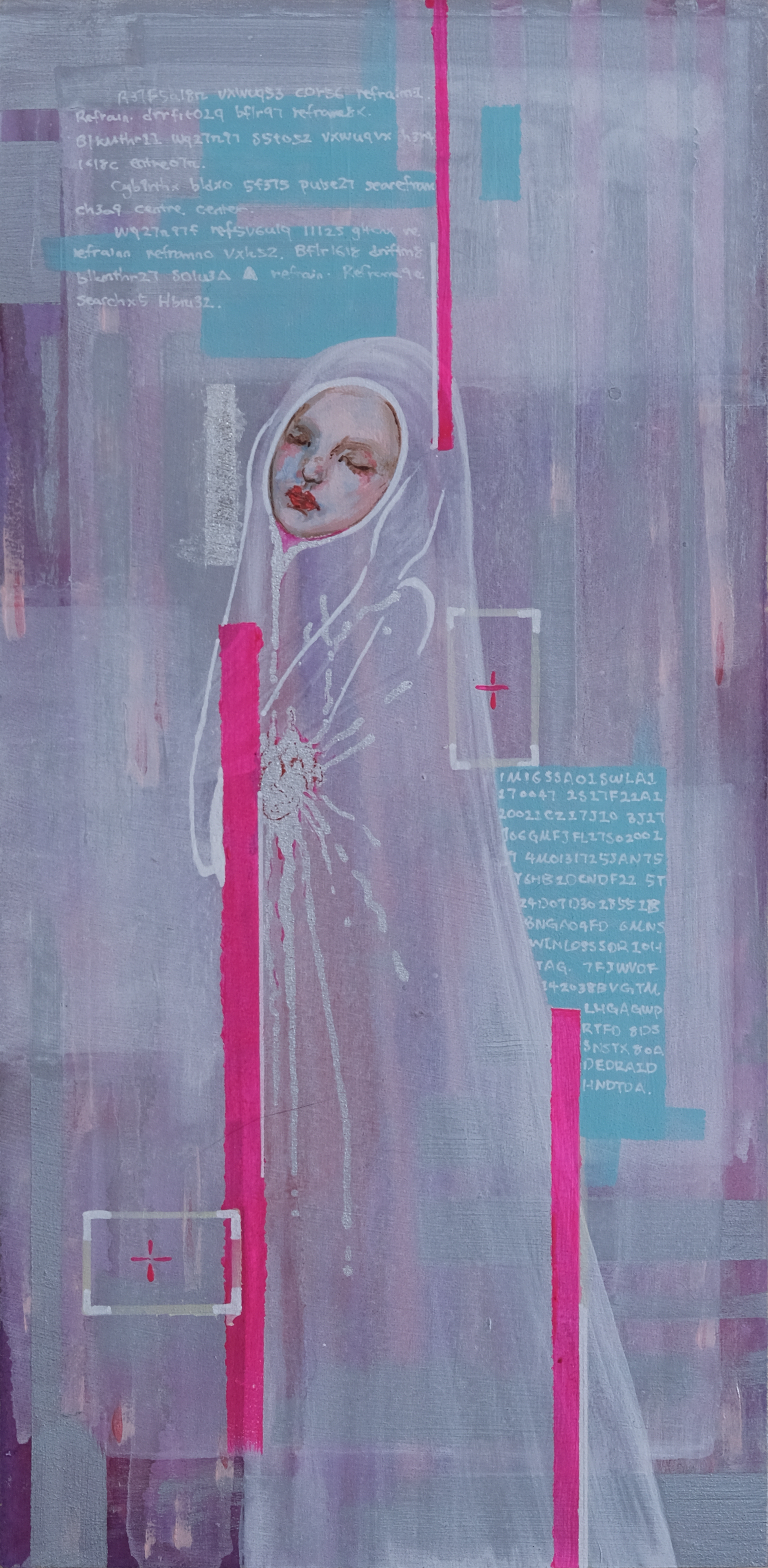 Abstract mixed media artwork featuring a painted woman's face with closed eyes and red lips, surrounded by geometric shapes, pink and white lines, and blocks of text in light blue and white on a textured purple background.