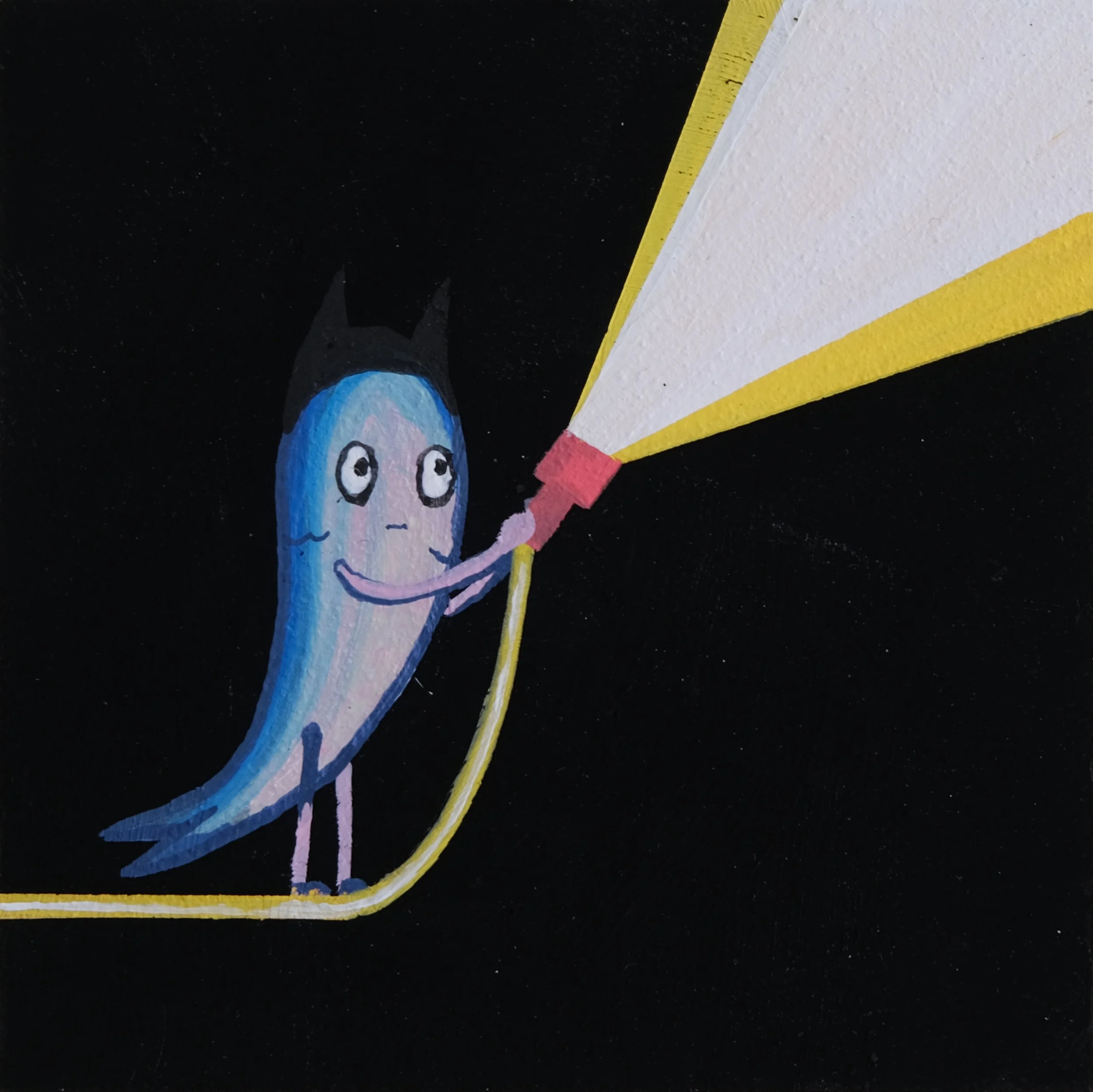 A cartoon caricature fish holding a flashlight in the dark  