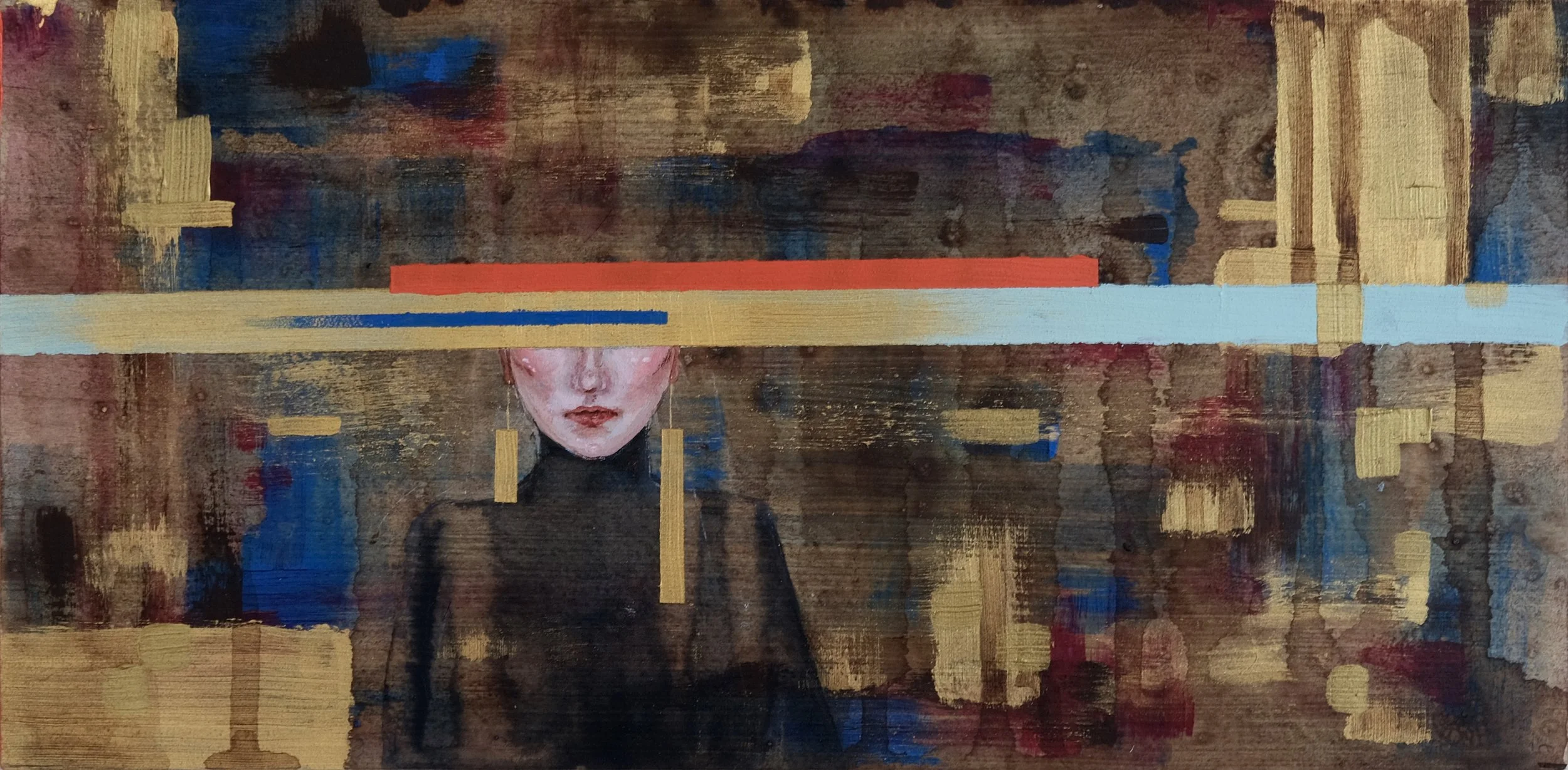 An abstract painting of a woman with short hair, wearing earrings, with geometric shapes and horizontal lines in red, yellow, and blue overlaying her face and background.