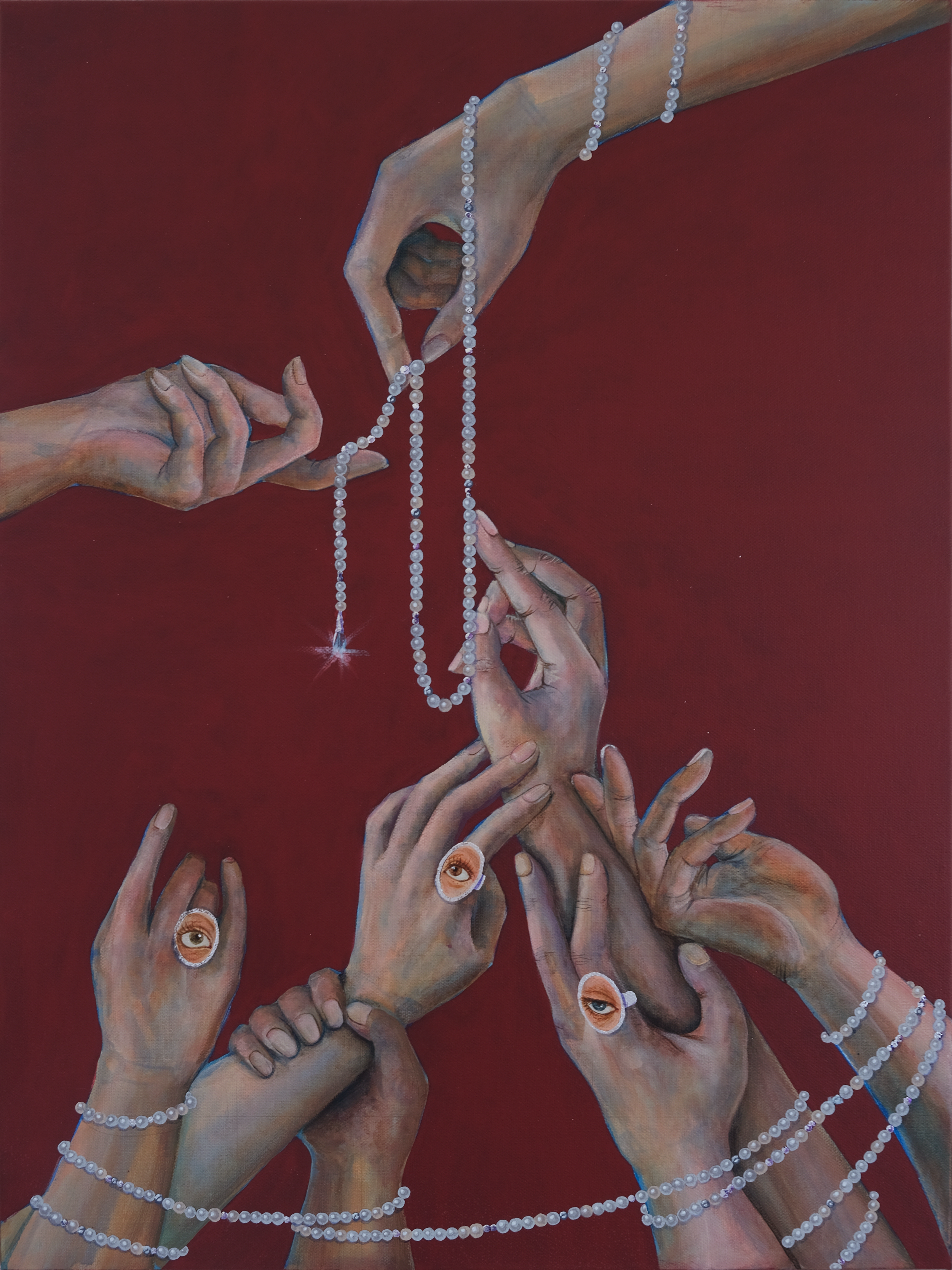 Painting of multiple hands intertwined on a dark red background, adorned with strings of pearls and featuring eyes on some fingers.