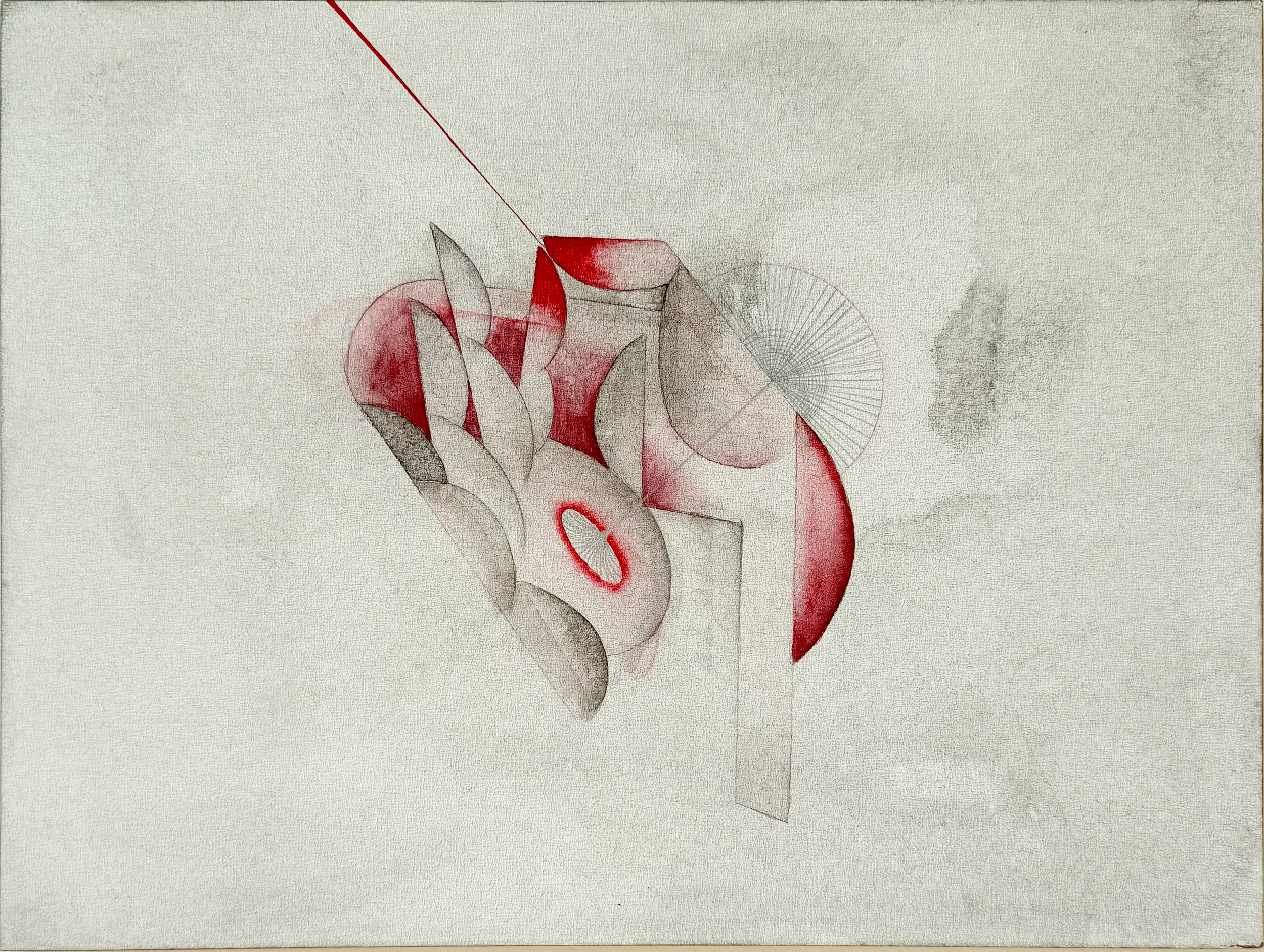 Abstract art featuring geometric shapes, including circles and rectangles, in red, black, and gray, with textured beige background.