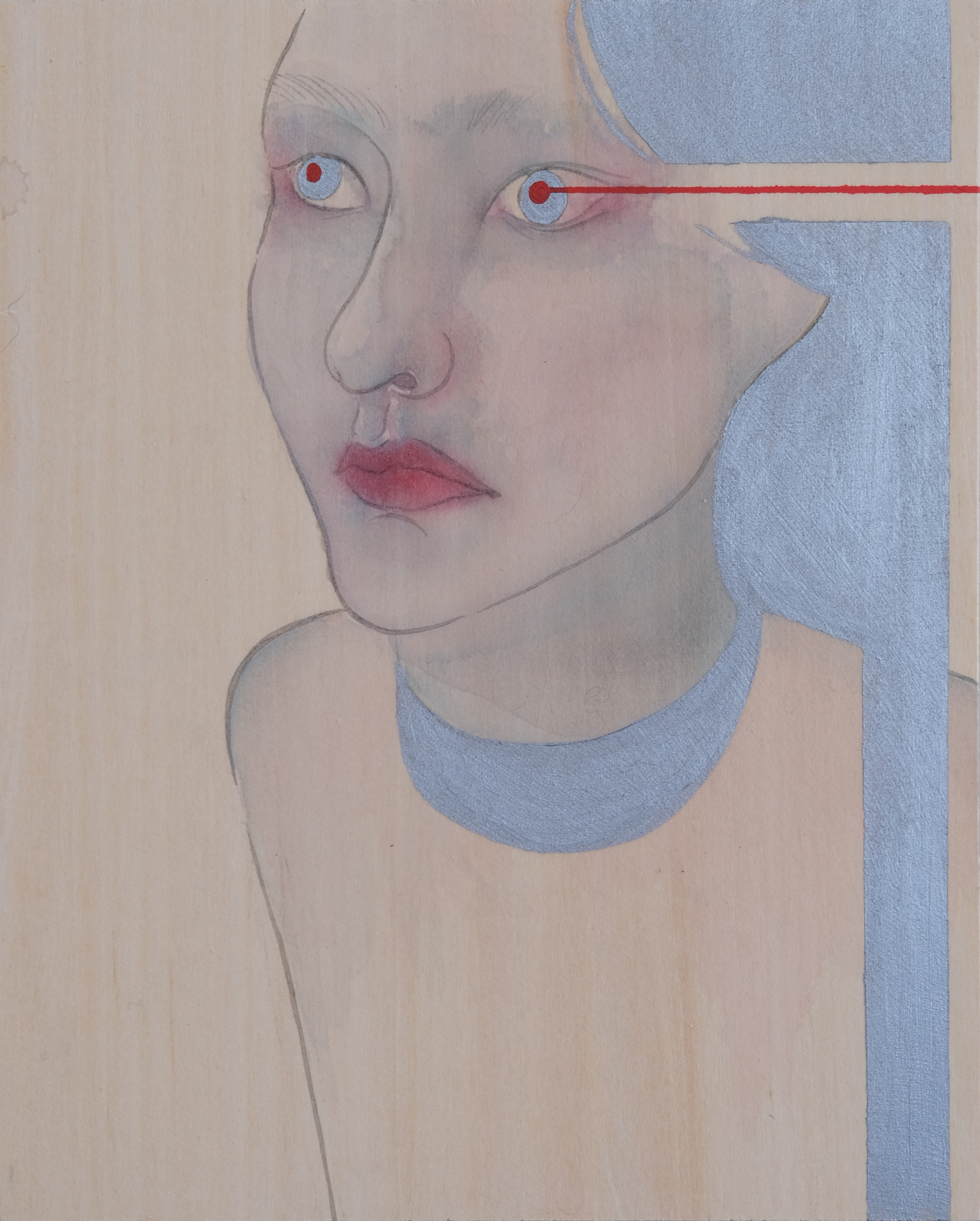 A traditional Asian-style painting of a woman with a contemplative expression, delicate facial features, and hair styled in an elegant updo with gray highlights.
