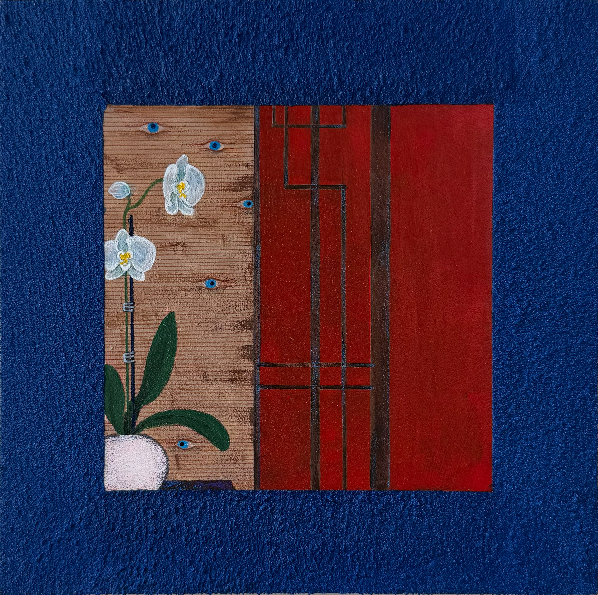 Close-up of a decorative wooden panel with painted daisies and blue eye motifs, placed on a textured dark blue surface.