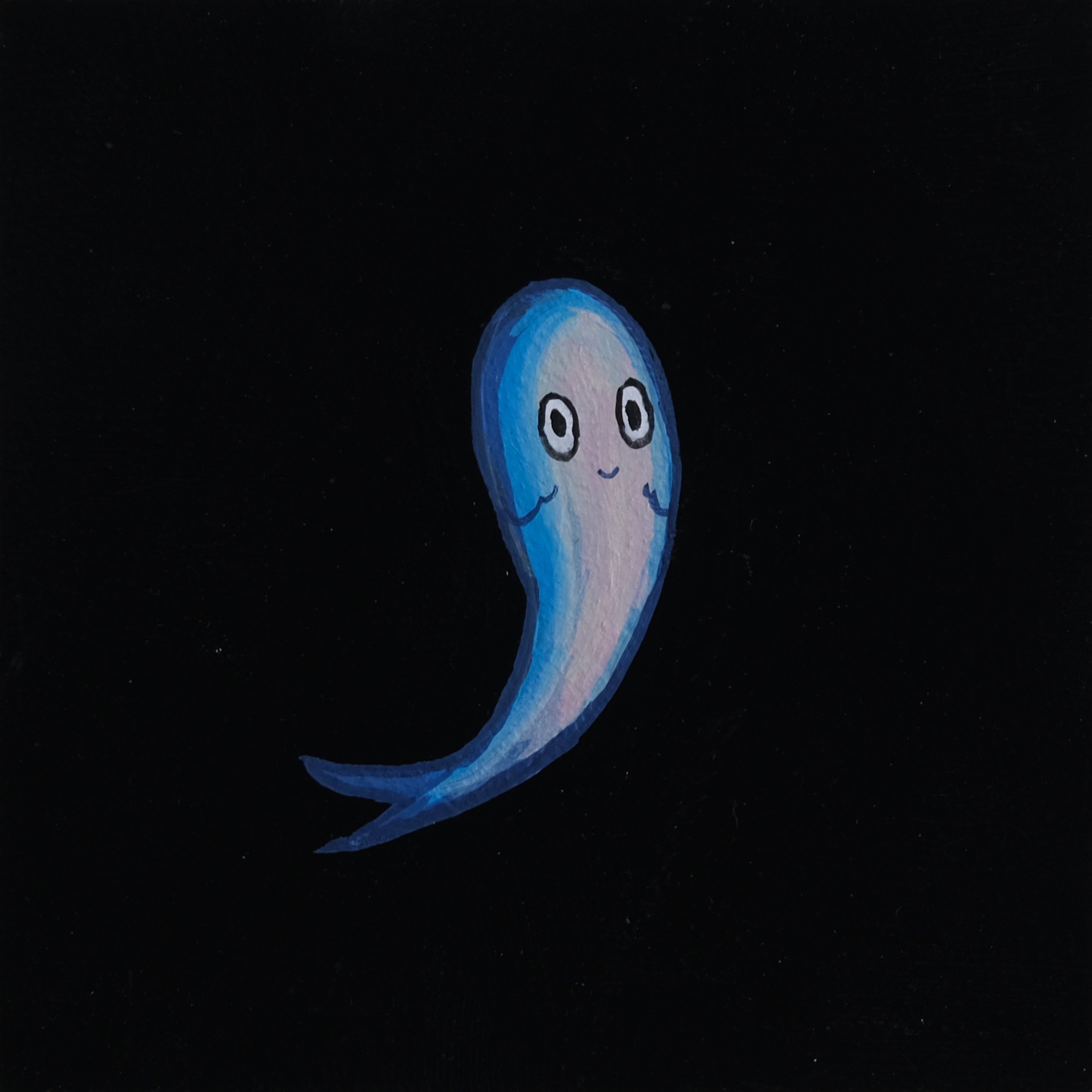A cartoonish drawing of a blue ghost with big eyes and a small smile, set against a black background with tiny white specks resembling stars.
