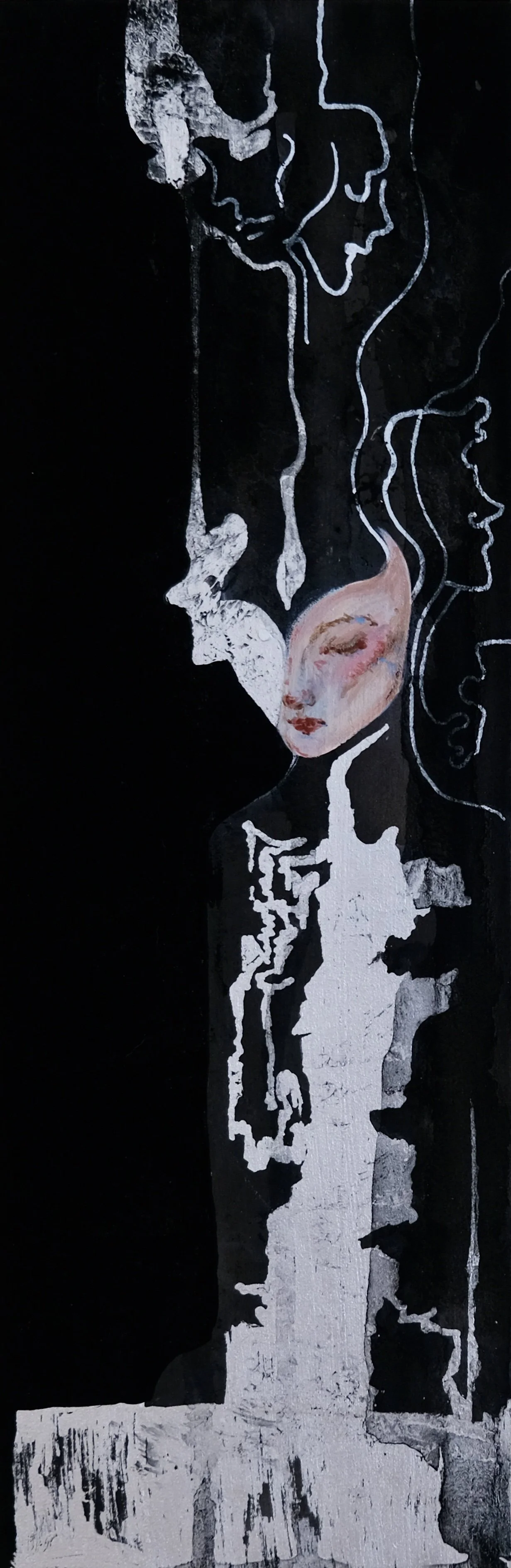 Street art mural featuring a woman's face with closed eyes, blending into abstract line-drawings of faces on a dark background.
