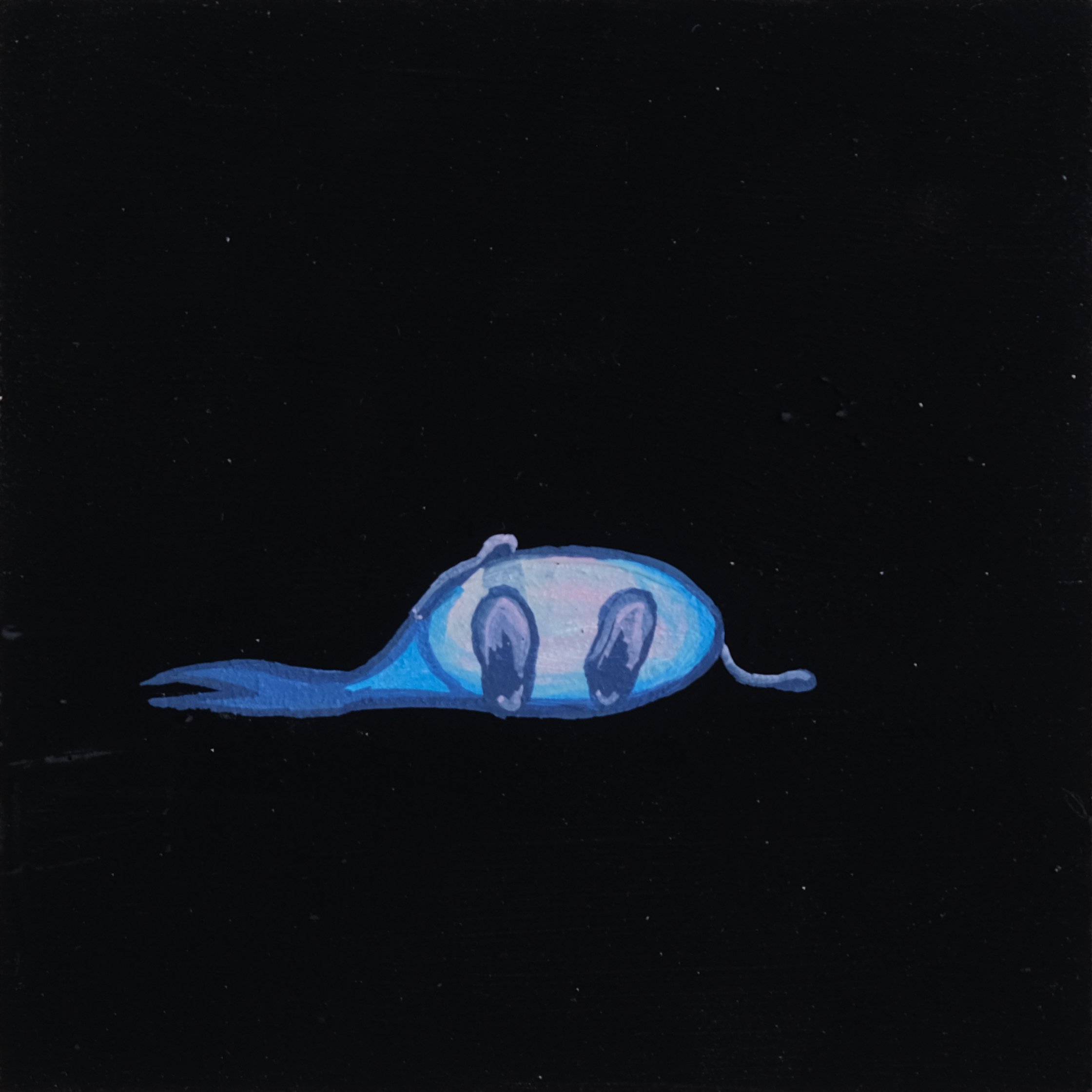 Painting of a whale with blue and purple hues on a dark background.