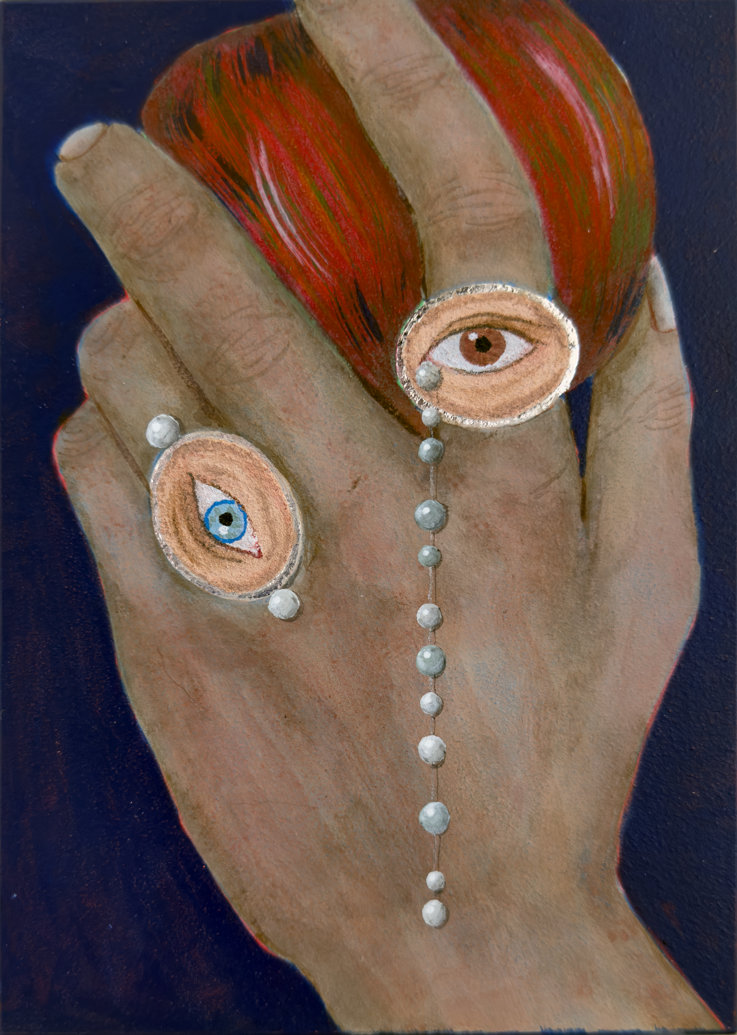 A painting of a hand holding an apple with two victorian eye-shaped rings
