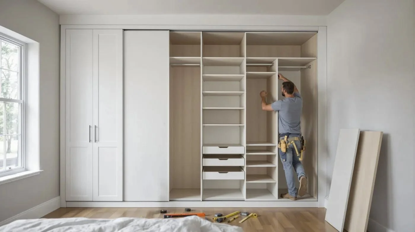 Man installing or assembling a custom built-in wardrobe or closet with open shelving and drawers in a bedroom near a window.
