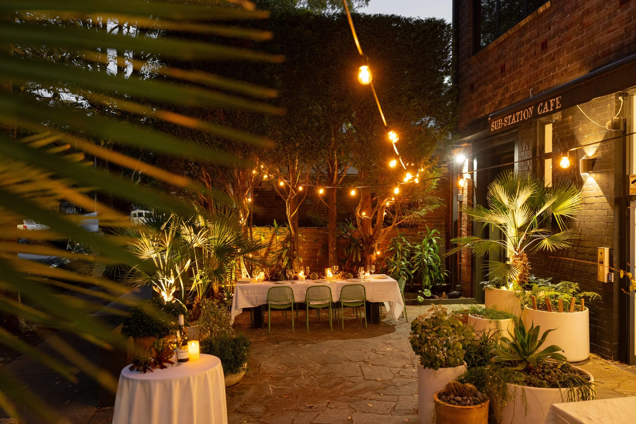 An outdoor dining area with a table set for a meal, surrounded by potted plants and string lights hanging overhead at dusk.