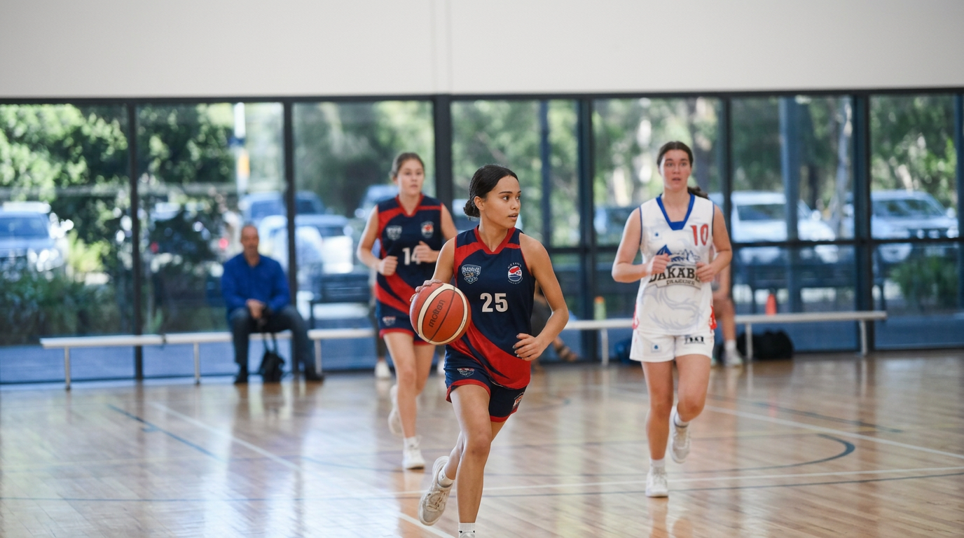 Three women playing basketball in an indoor gym. One player in a navy and red uniform with the number 25 is dribbling the ball, while the other two players in white uniforms with numbers 10 and 14 are chasing her. A person sits on a bench in the background.