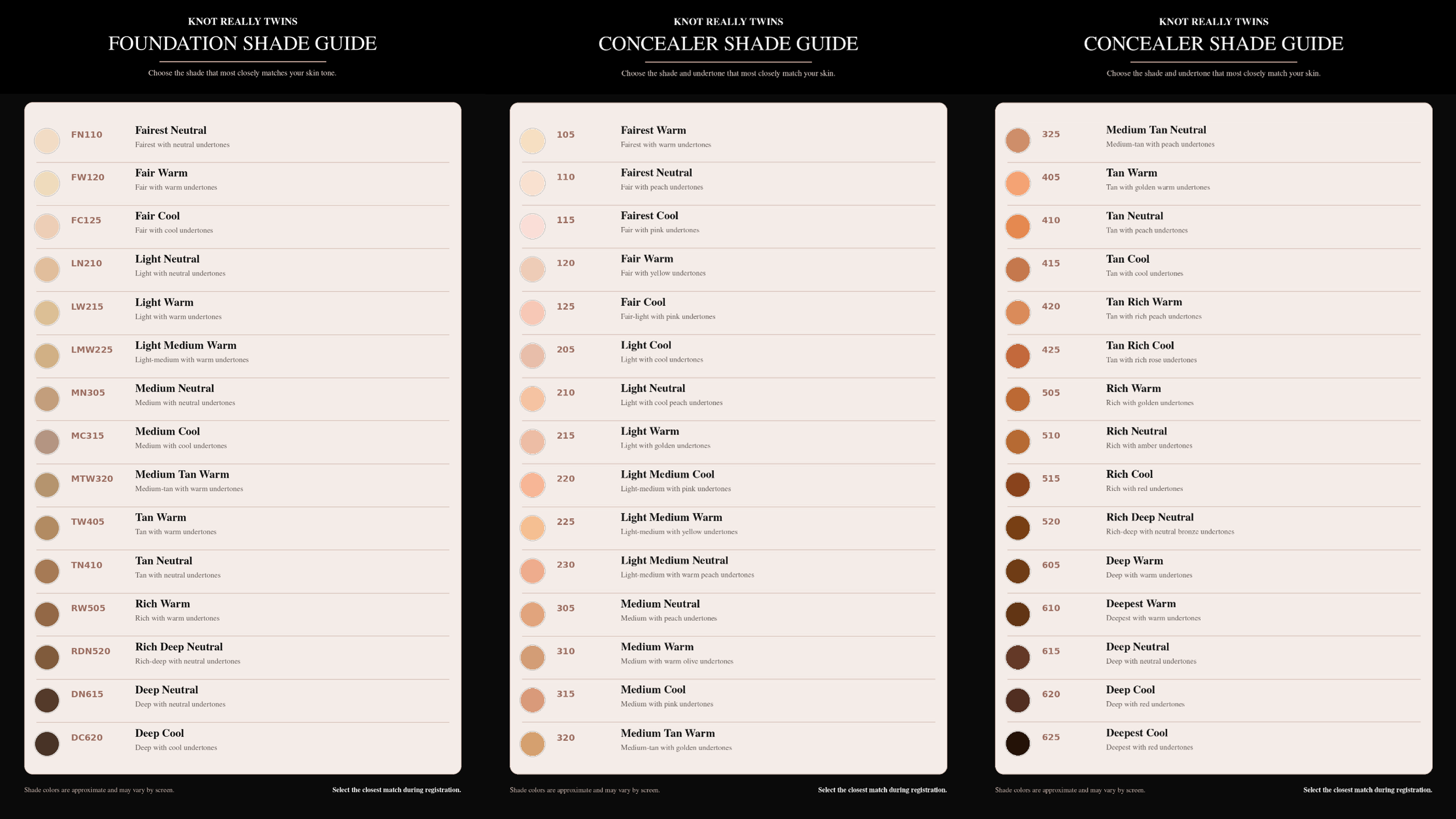 A chart titled 'Knot Really Twins Foundation Shade Guide' showing shades for foundation and concealer in three columns: left for foundation shades, middle for concealer shades, and right for concealer shades. Each shade has a color swatch and description.