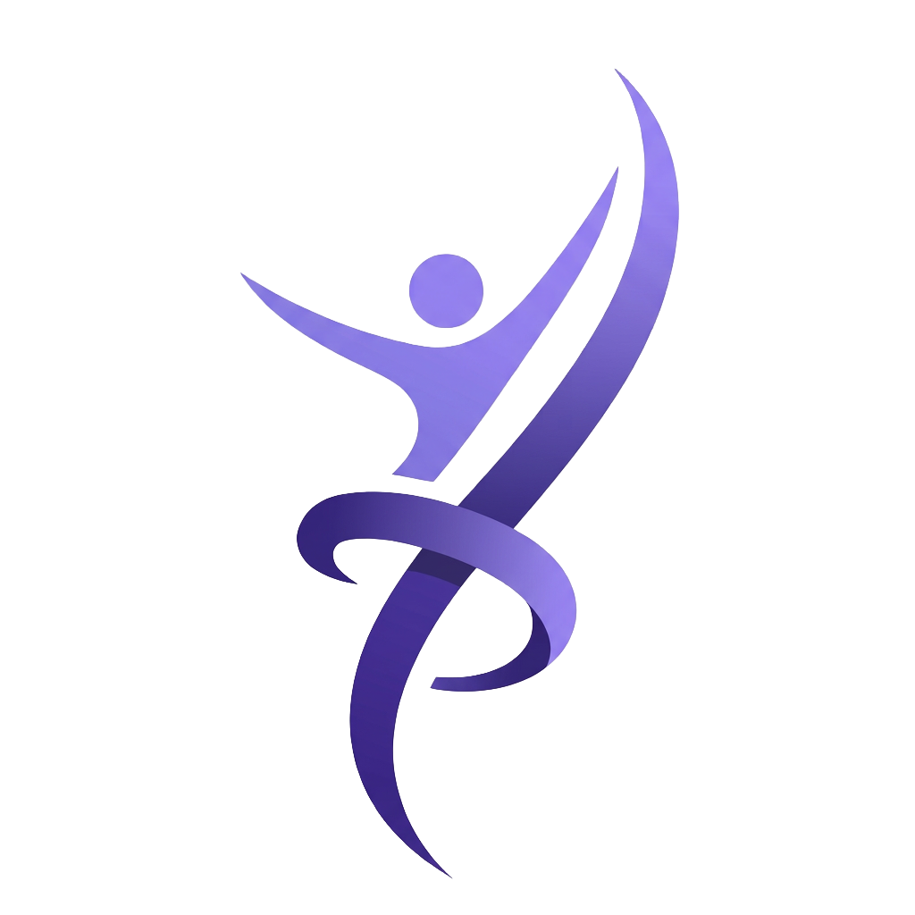 A 3D abstract sculpture of a human figure in purple with arms raised, integrated into a curved ribbon-like structure on a pedestal.
