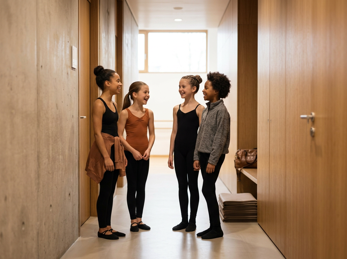 Four young girl dancers in modern dance attire standing in a hallway, laughing and talking to each other.