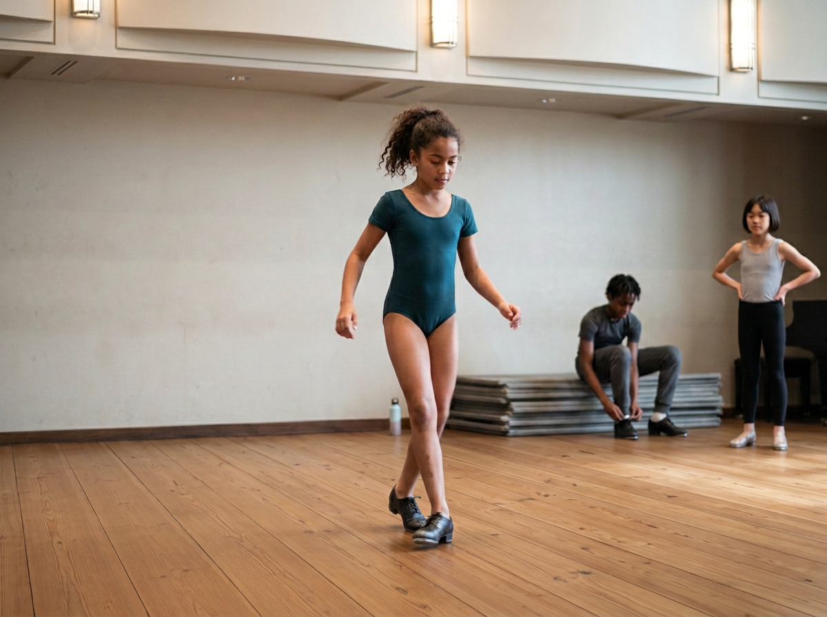 Young girl in a teal leotard and dance shoes practicing tap dance in a dance studio with two other individuals in the background.