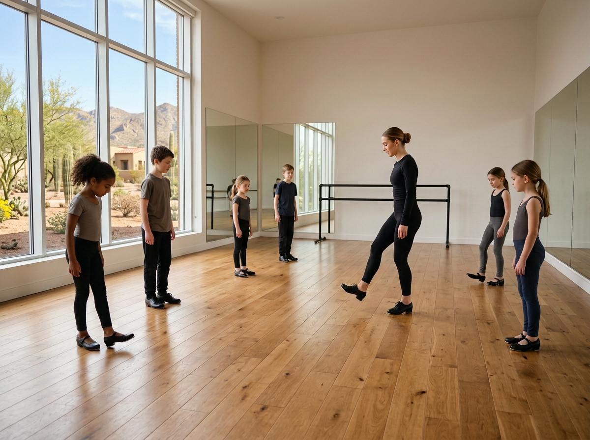 A tap dance class with young students and an instructor in a dance studio with large windows, hardwood floors, and mirrors.
