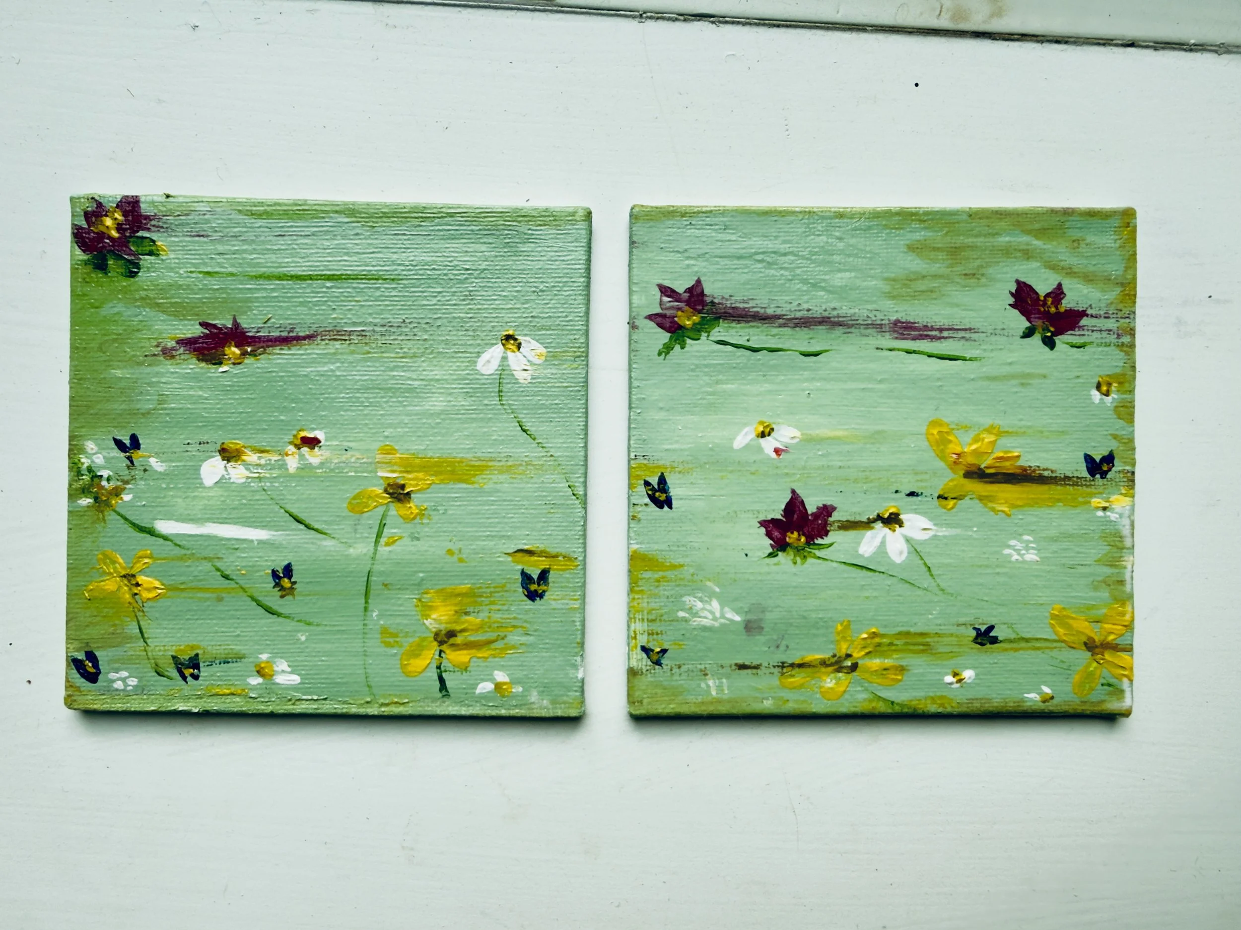 Flying Coasters · 4 x 4 · Acrylic on Canvas Board