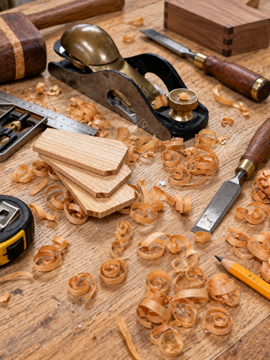 Woodworking tools and wood shavings on a workbench, including a hand planer, chisels, a measuring tape, a pencil, and wood pieces.
