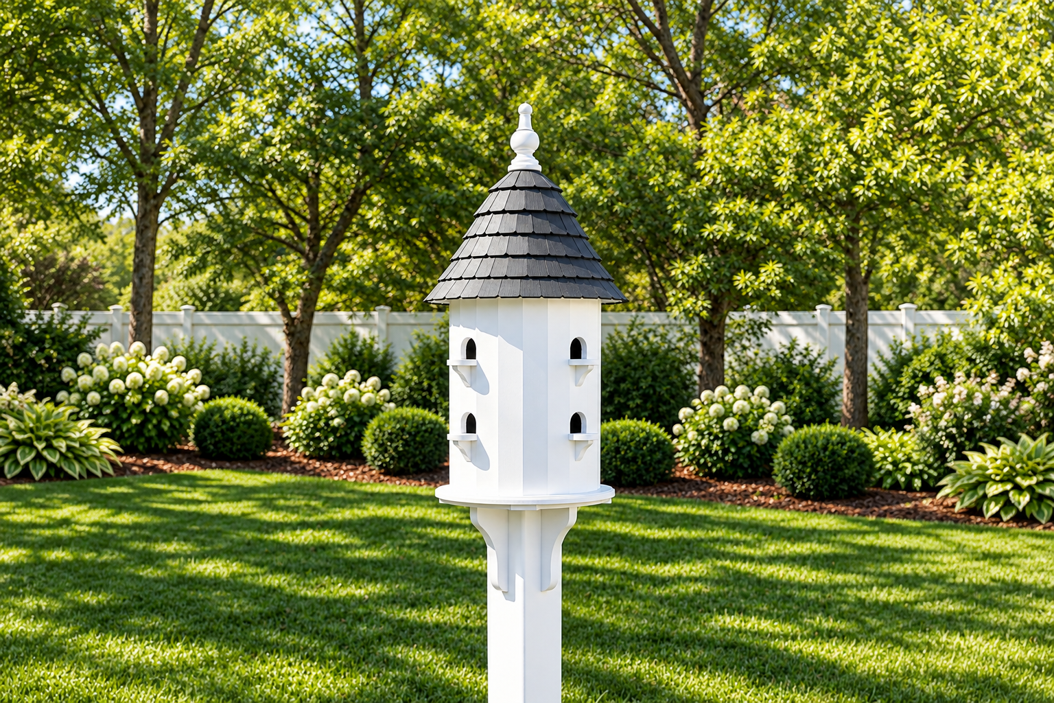 White decorative birdhouse on a pole in a landscaped garden with green grass, shrubs with white flowers, trees, and a white fence in the background.
